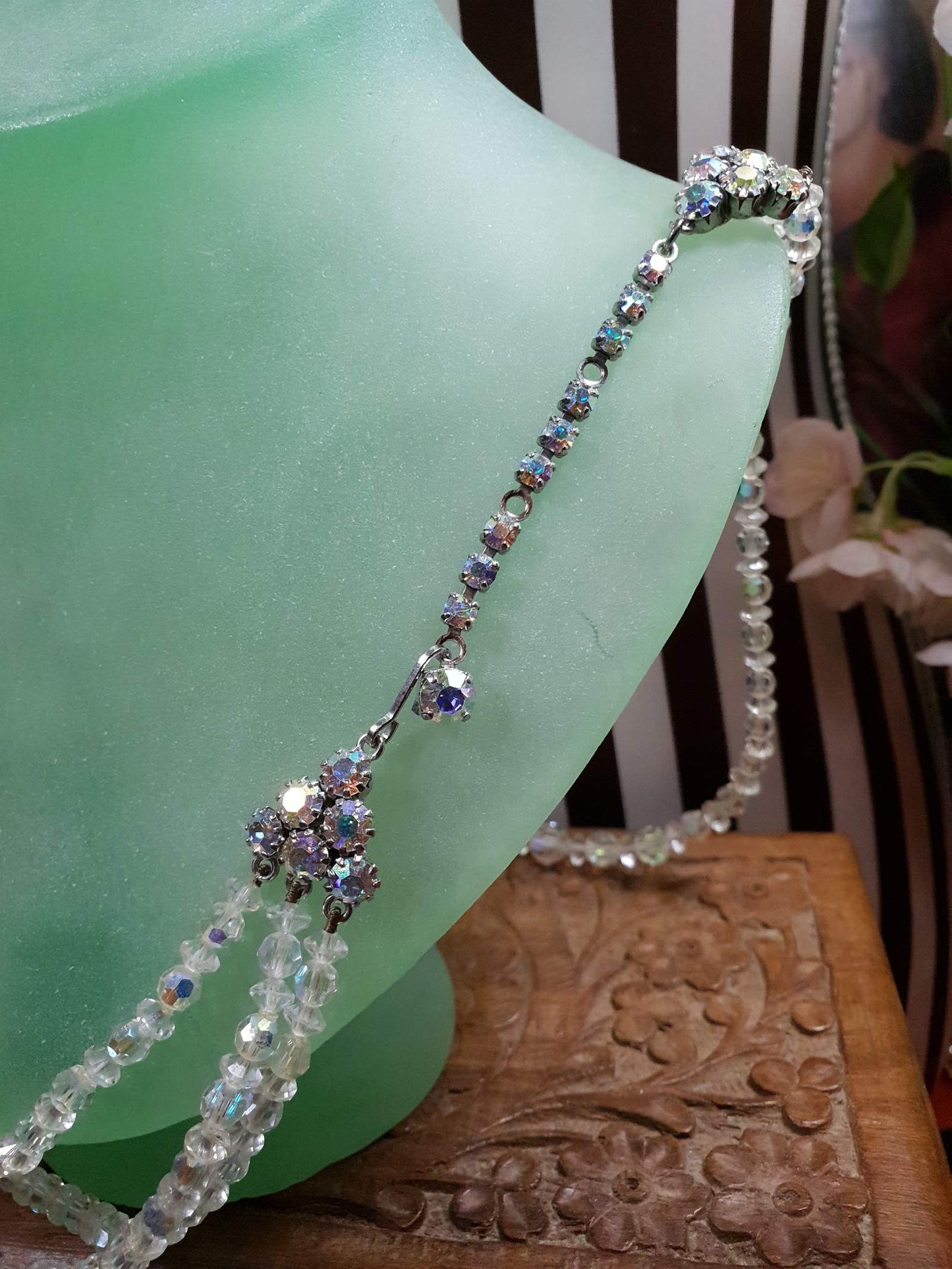 Vintage 1960s Aurora Borealis Crystal Necklace 20" AB Three Strand Rhinestone - Rare