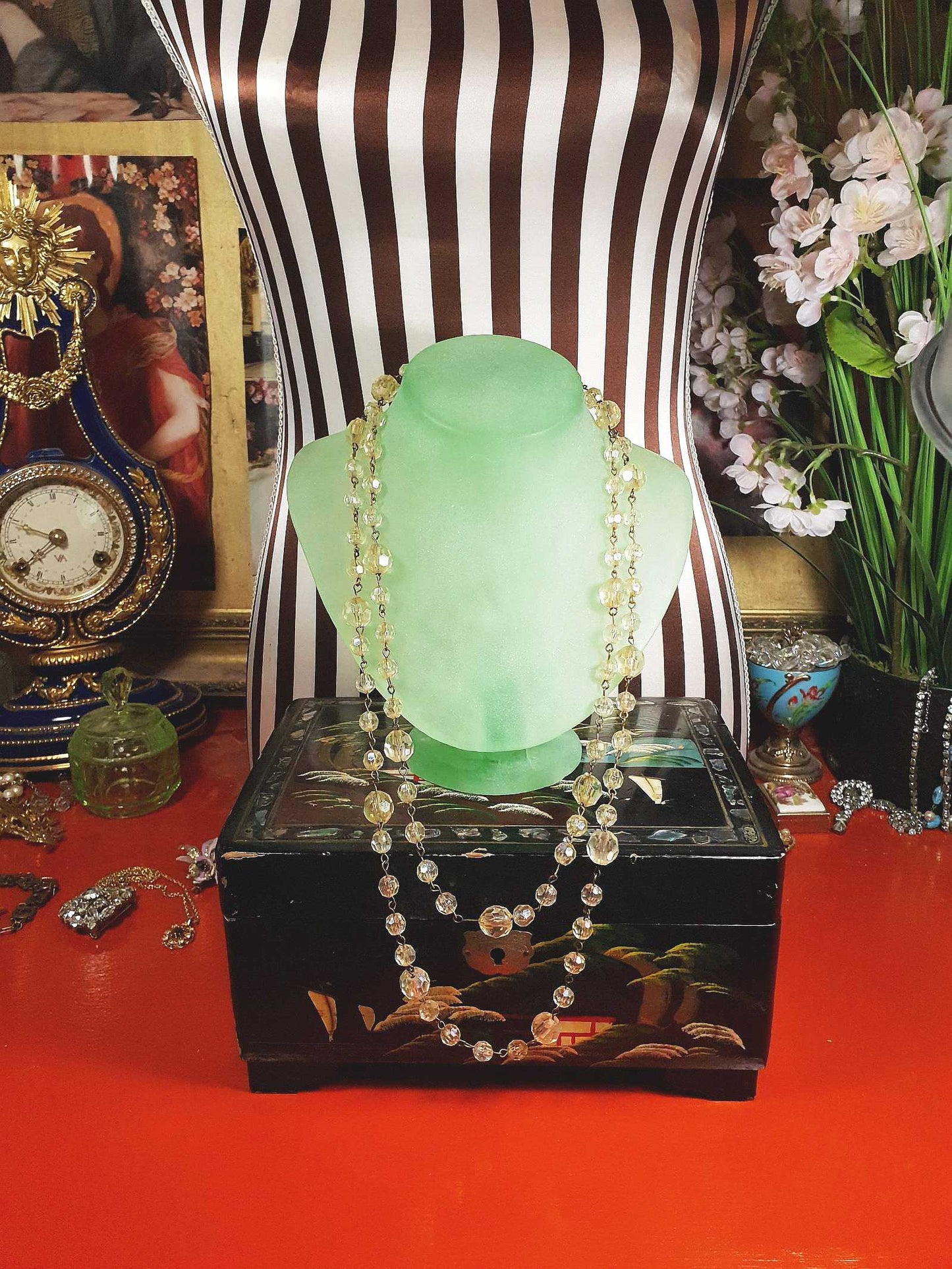 Vintage 1960s Aurora Borealis Necklace 50" AB Brass Honey
