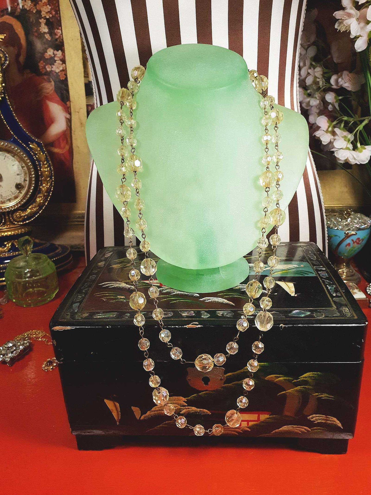 Vintage 1960s Aurora Borealis Necklace 50" AB Brass Honey