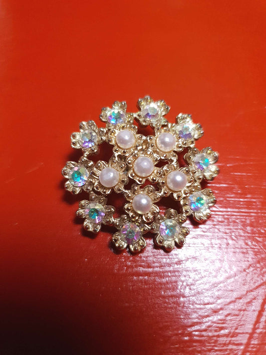 Vintage Aurora Borealis Rhinestone Pearl Brooch 1960s Flowers Floral AB