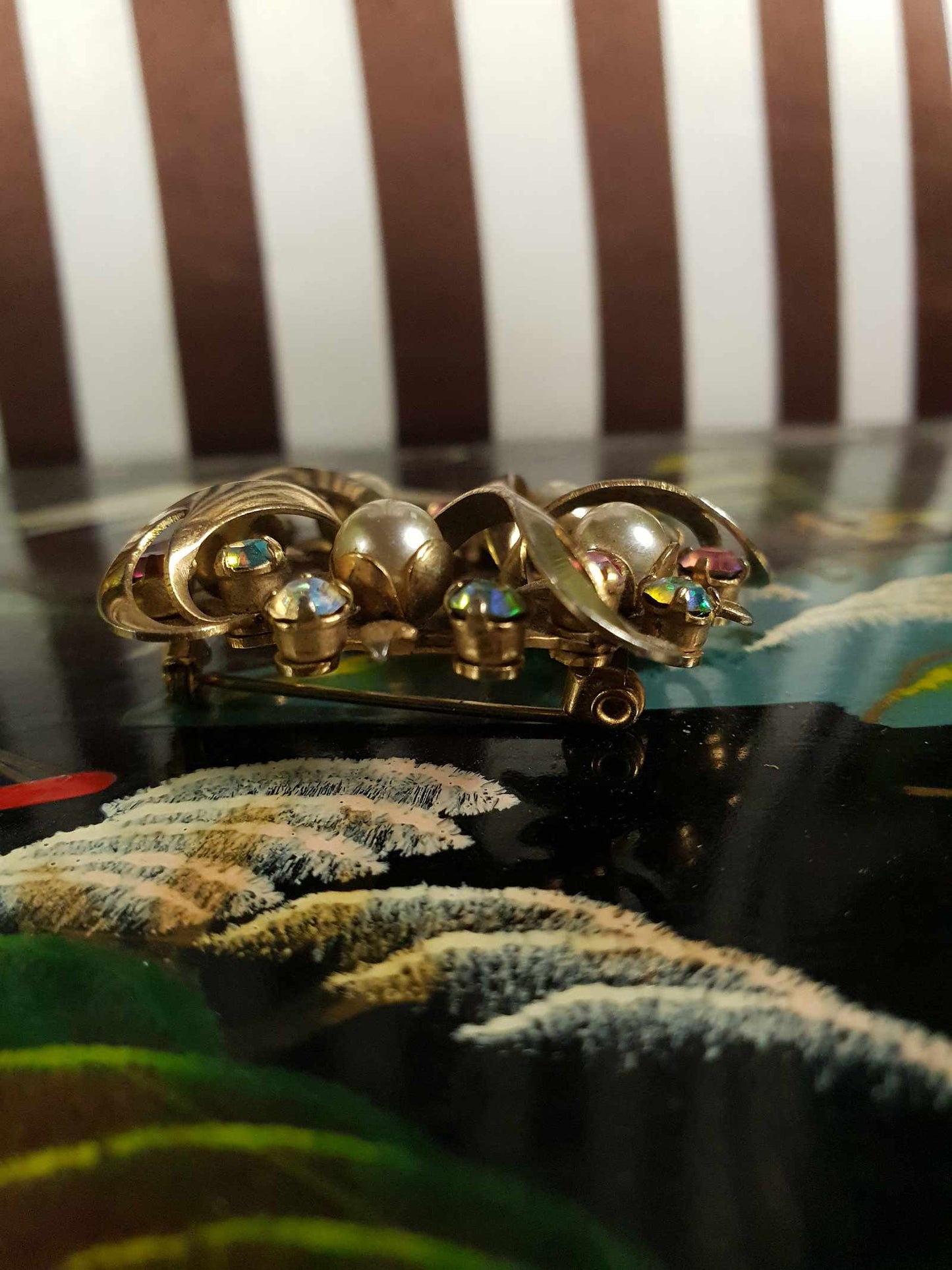 Vintage Wreath Aurora Borealis Rhinestone Brooch 1960s Faux Pearl Gold Tone AB