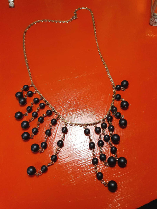 Vintage 1960s Black Bead Statement Necklace Cascading Bib