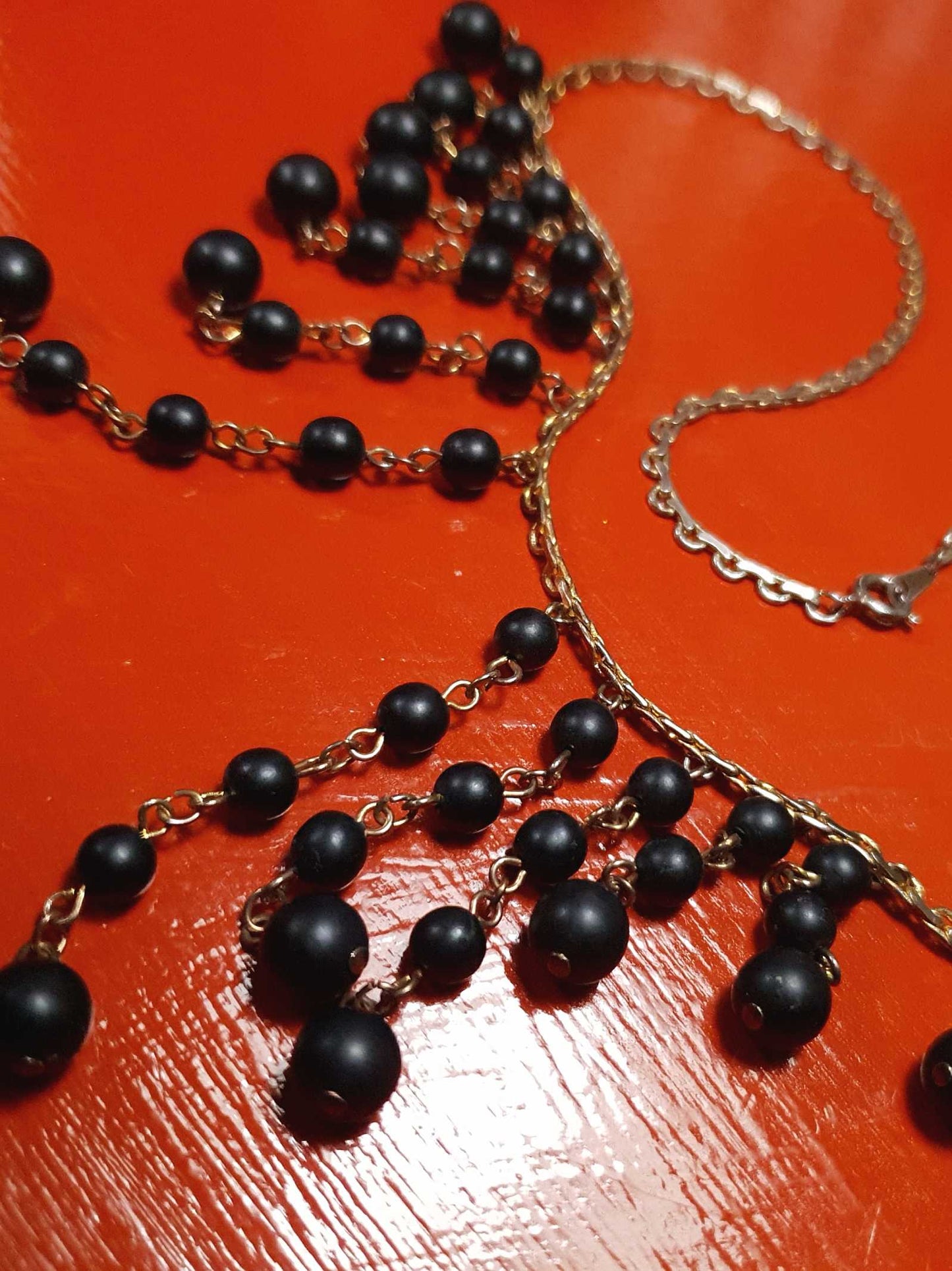 Vintage 1960s Black Bead Statement Necklace Cascading Bib