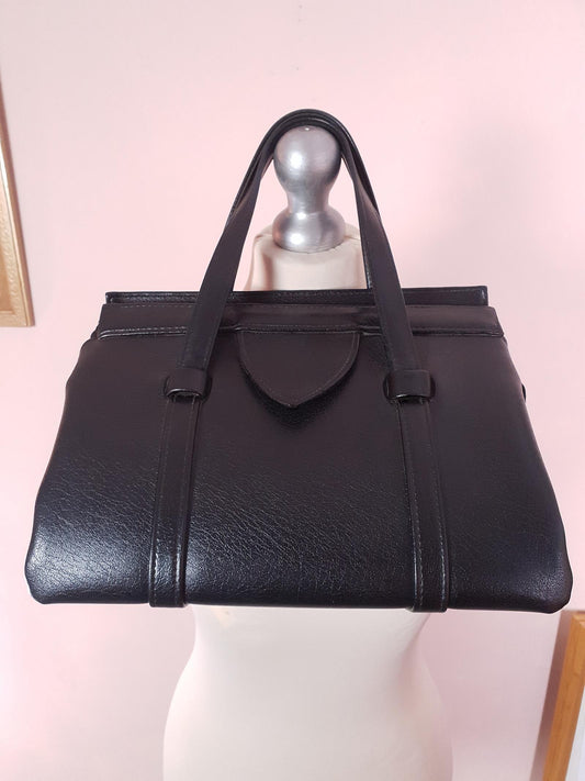 Vintage 1960s Black Handbag Tote Retro Bag Top Handle