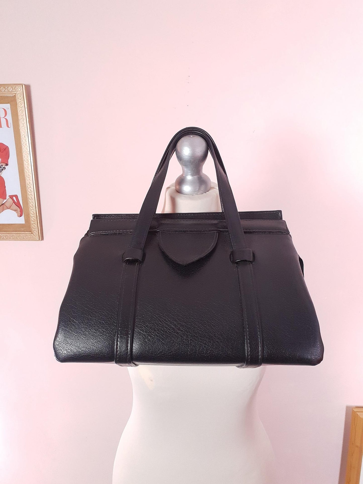 Vintage 1960s Black Handbag Tote Retro Bag Top Handle