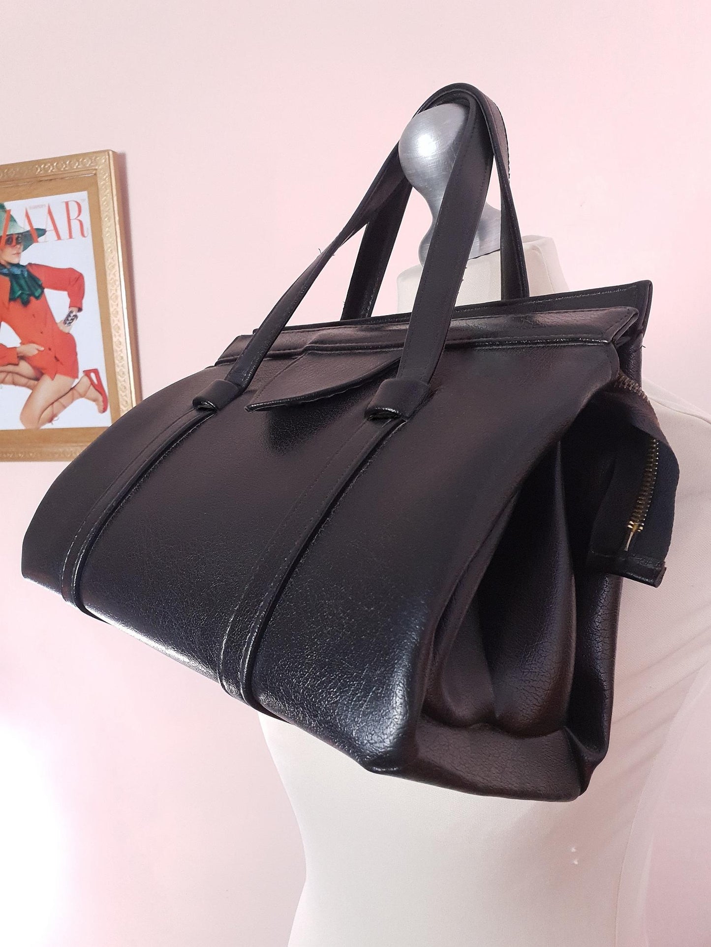 Vintage 1960s Black Handbag Tote Retro Bag Top Handle