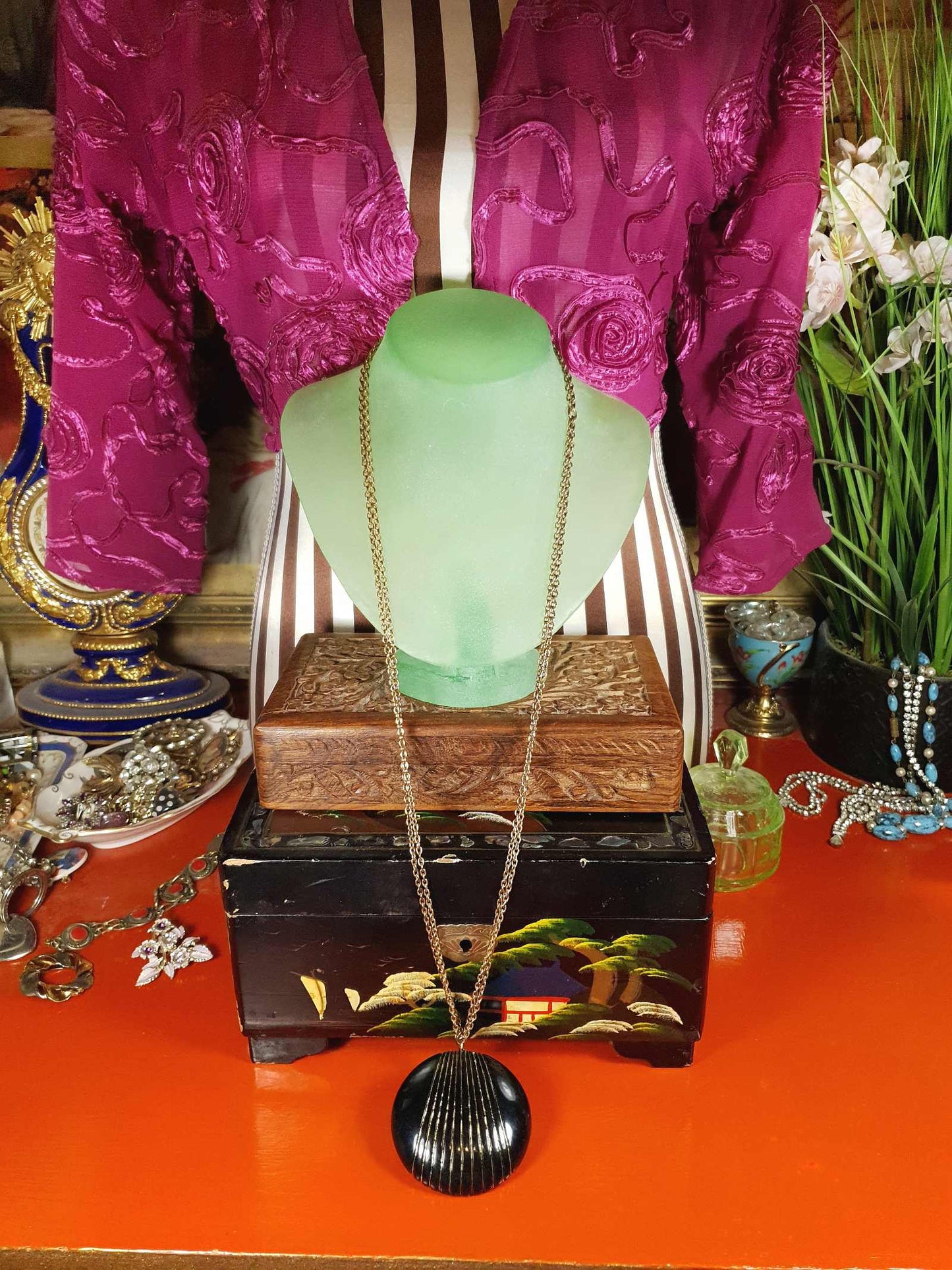 Vintage 1960s Black Pendant Necklace 30" Mod Retro