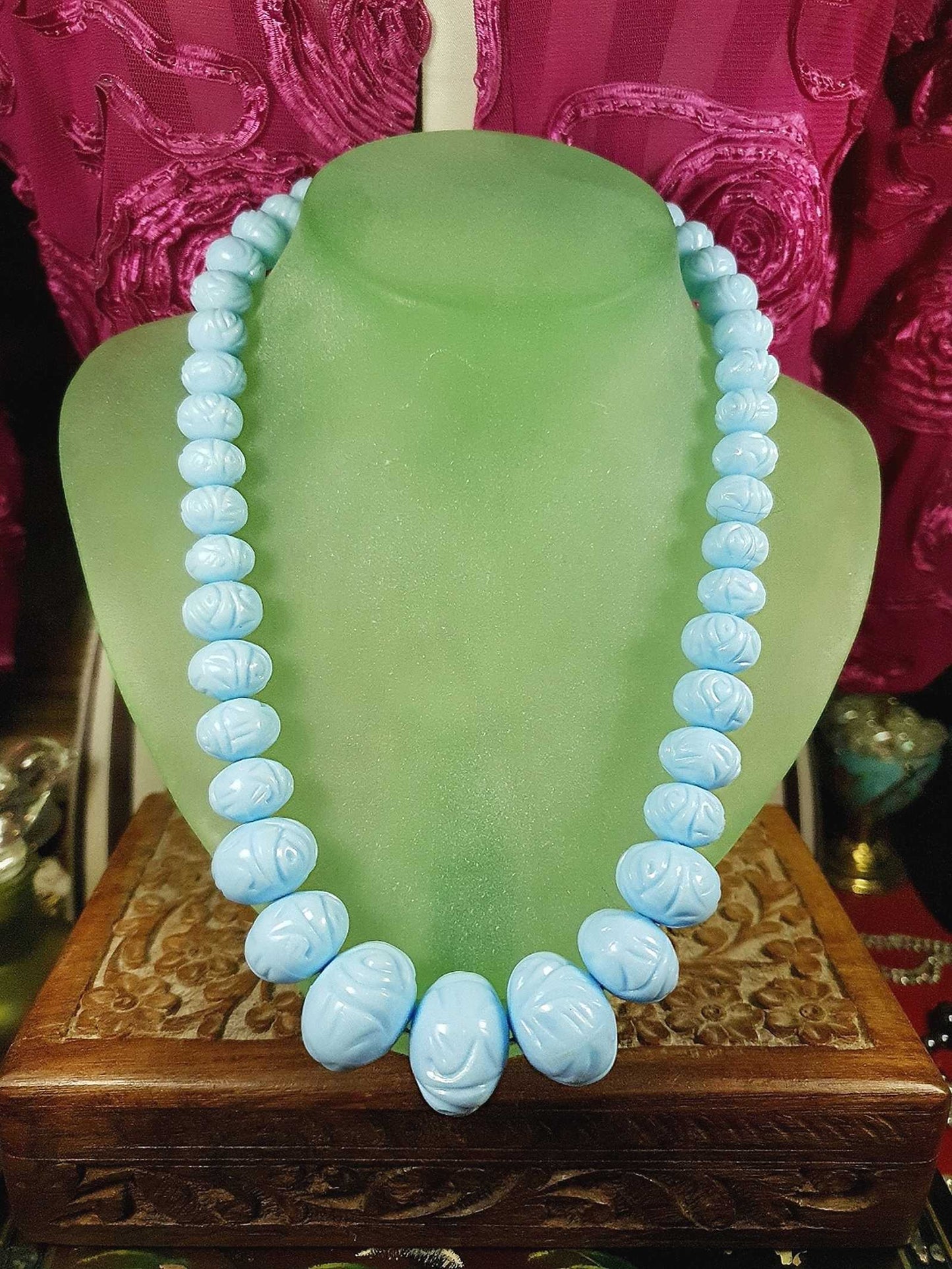 Vintage 1960s Blue Carved Resin Necklace 18.5" Retro