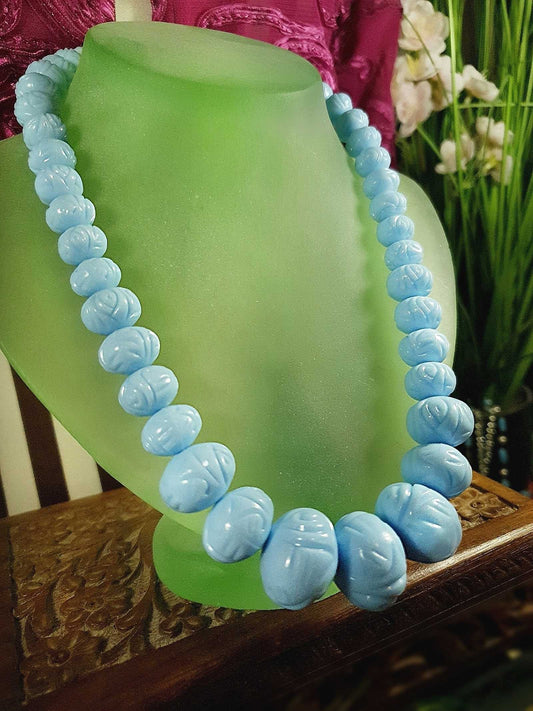 Vintage 1960s Blue Carved Resin Necklace 18.5" Retro