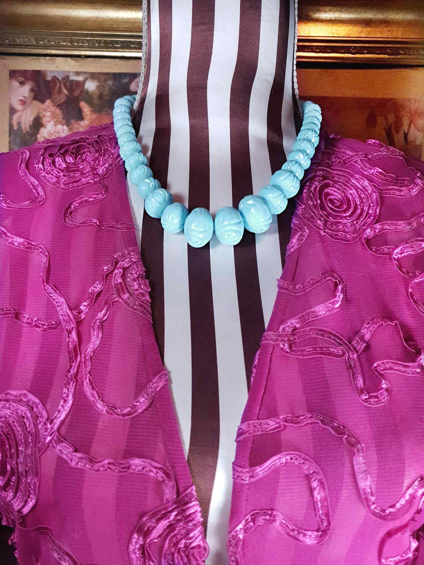 Vintage 1960s Blue Carved Resin Necklace 18.5" Retro
