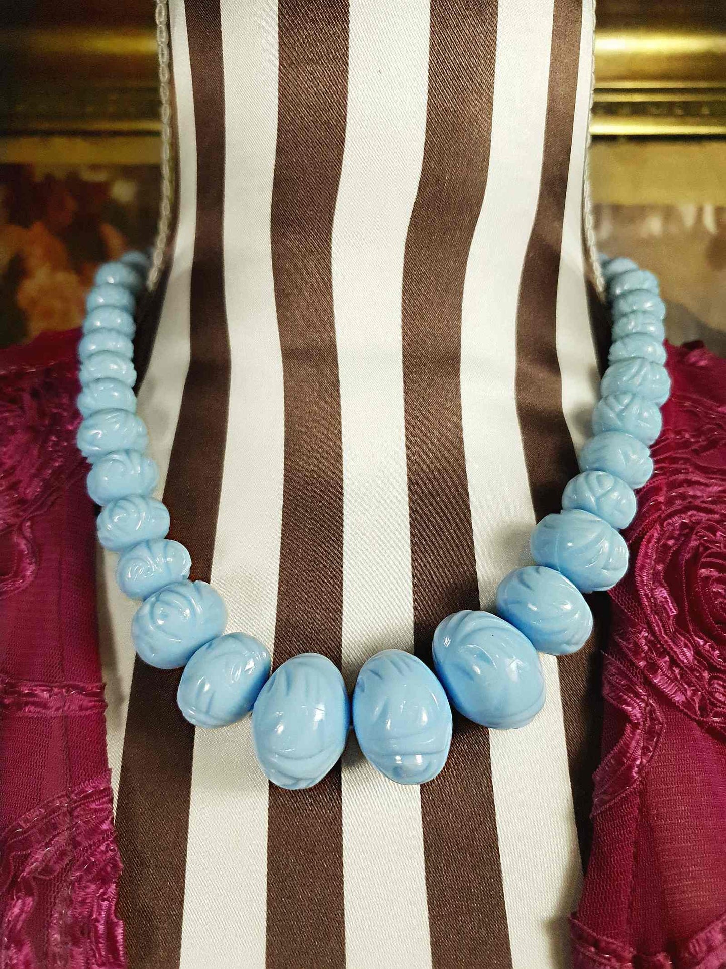 Vintage 1960s Blue Carved Resin Necklace 18.5" Retro