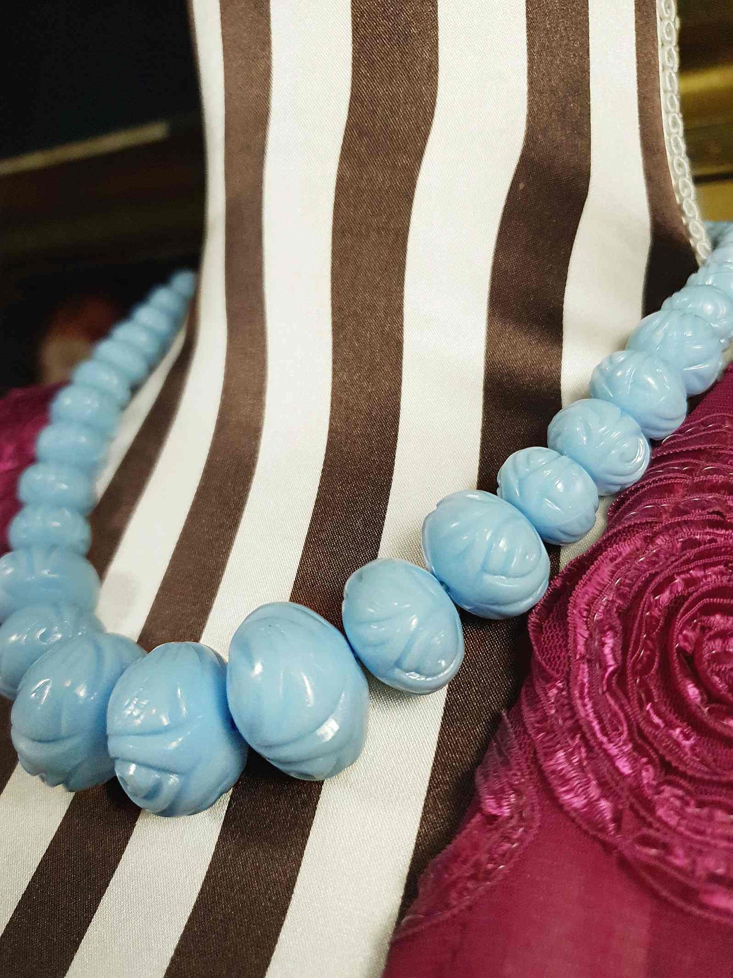 Vintage 1960s Blue Carved Resin Necklace 18.5" Retro