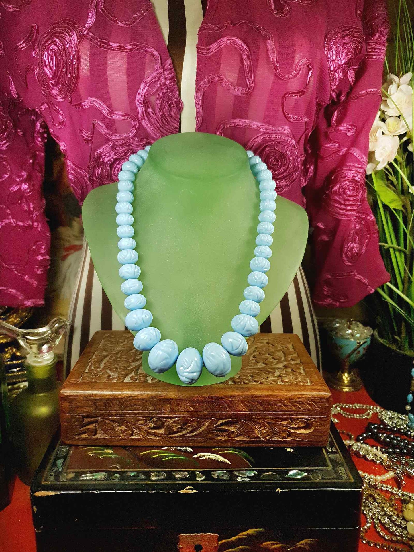 Vintage 1960s Blue Carved Resin Necklace 18.5" Retro