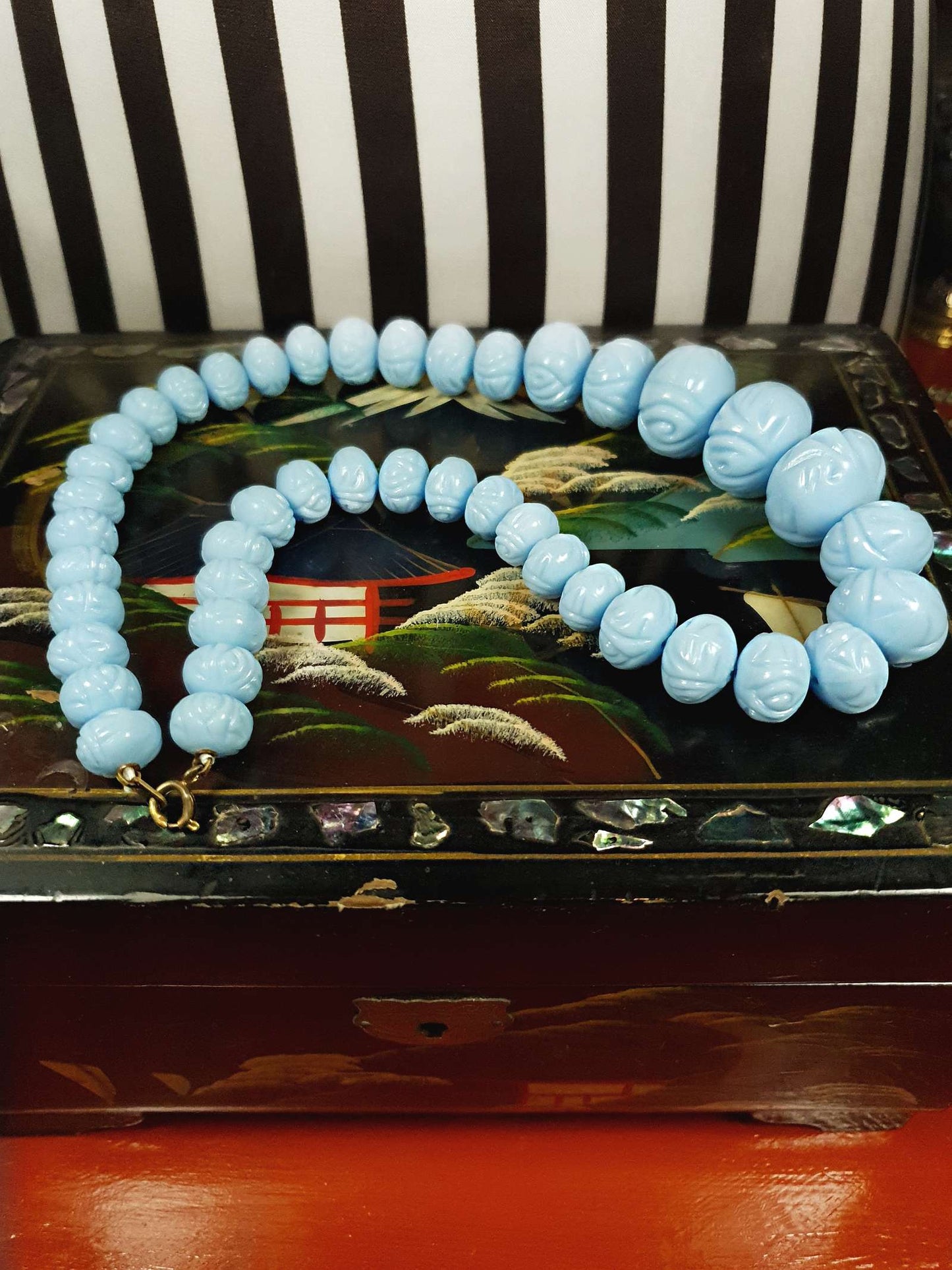 Vintage 1960s Blue Carved Resin Necklace 18.5" Retro