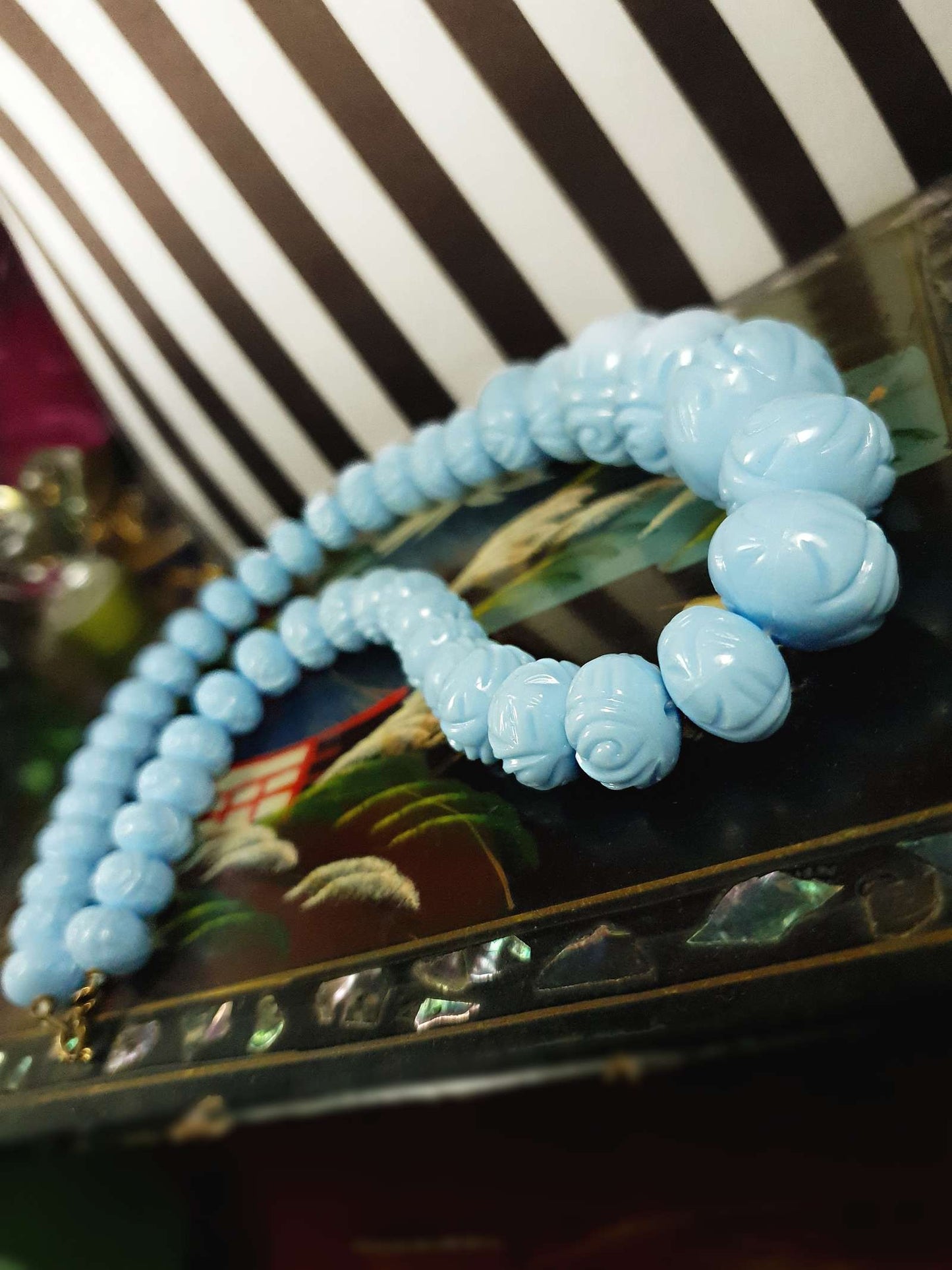 Vintage 1960s Blue Carved Resin Necklace 18.5" Retro