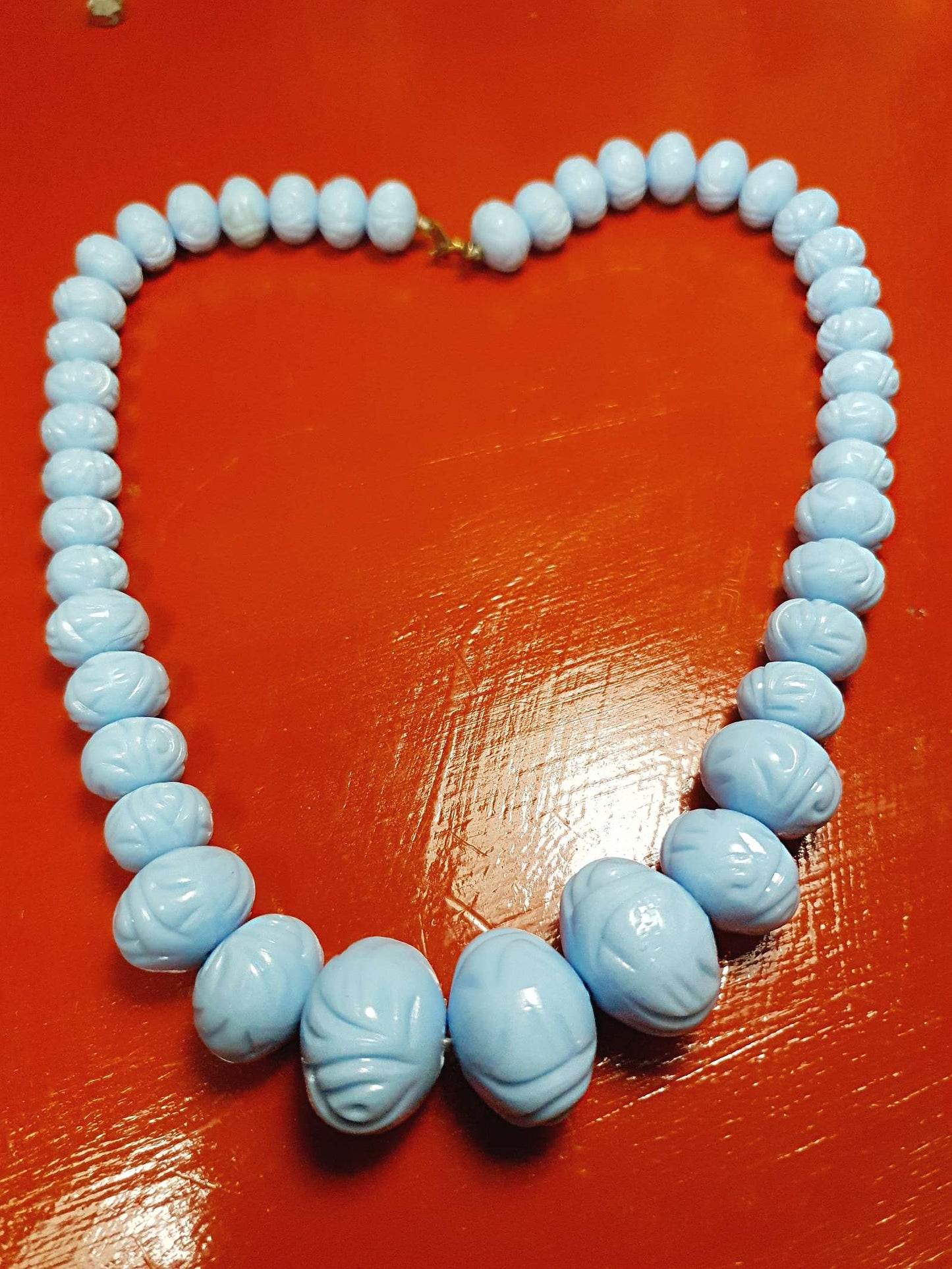 Vintage 1960s Blue Carved Resin Necklace 18.5" Retro
