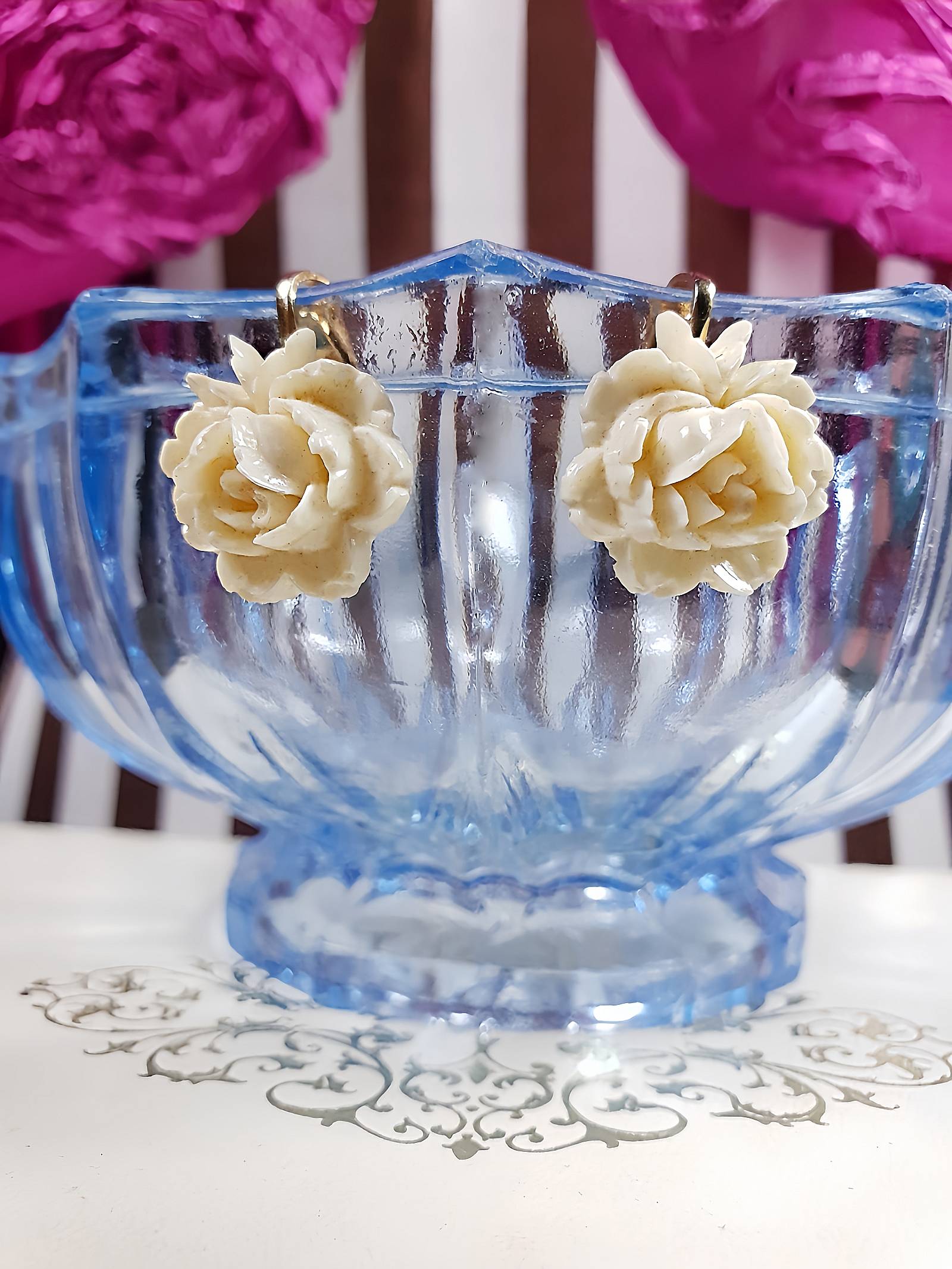 Vintage 1960s Carved Rose Earrings Cream Floral Flower Hong Kong Signed