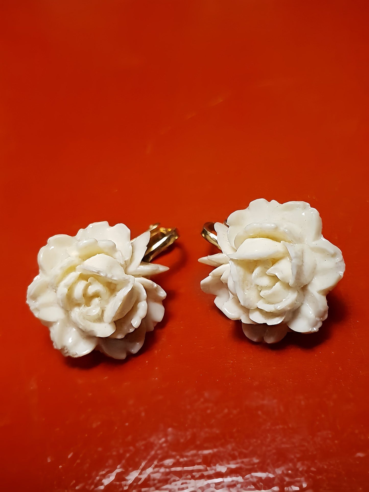 Vintage 1960s Carved Rose Earrings Cream Floral Flower Hong Kong Signed