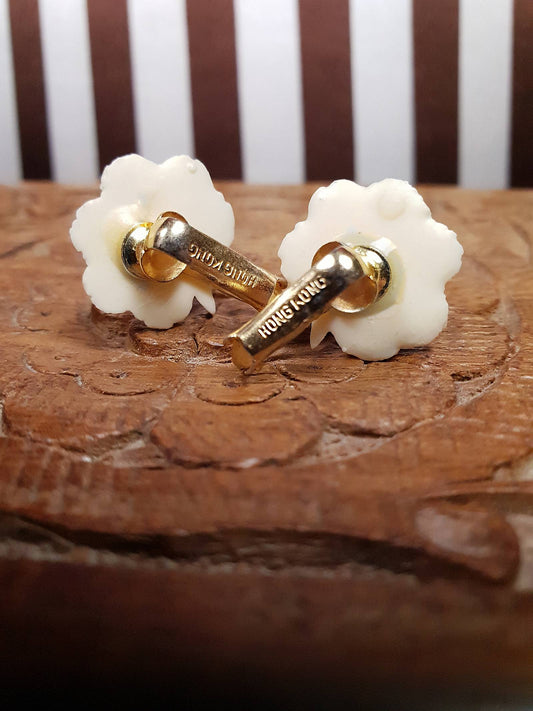 Vintage 1960s Carved Rose Earrings Cream Floral Flower Hong Kong Signed
