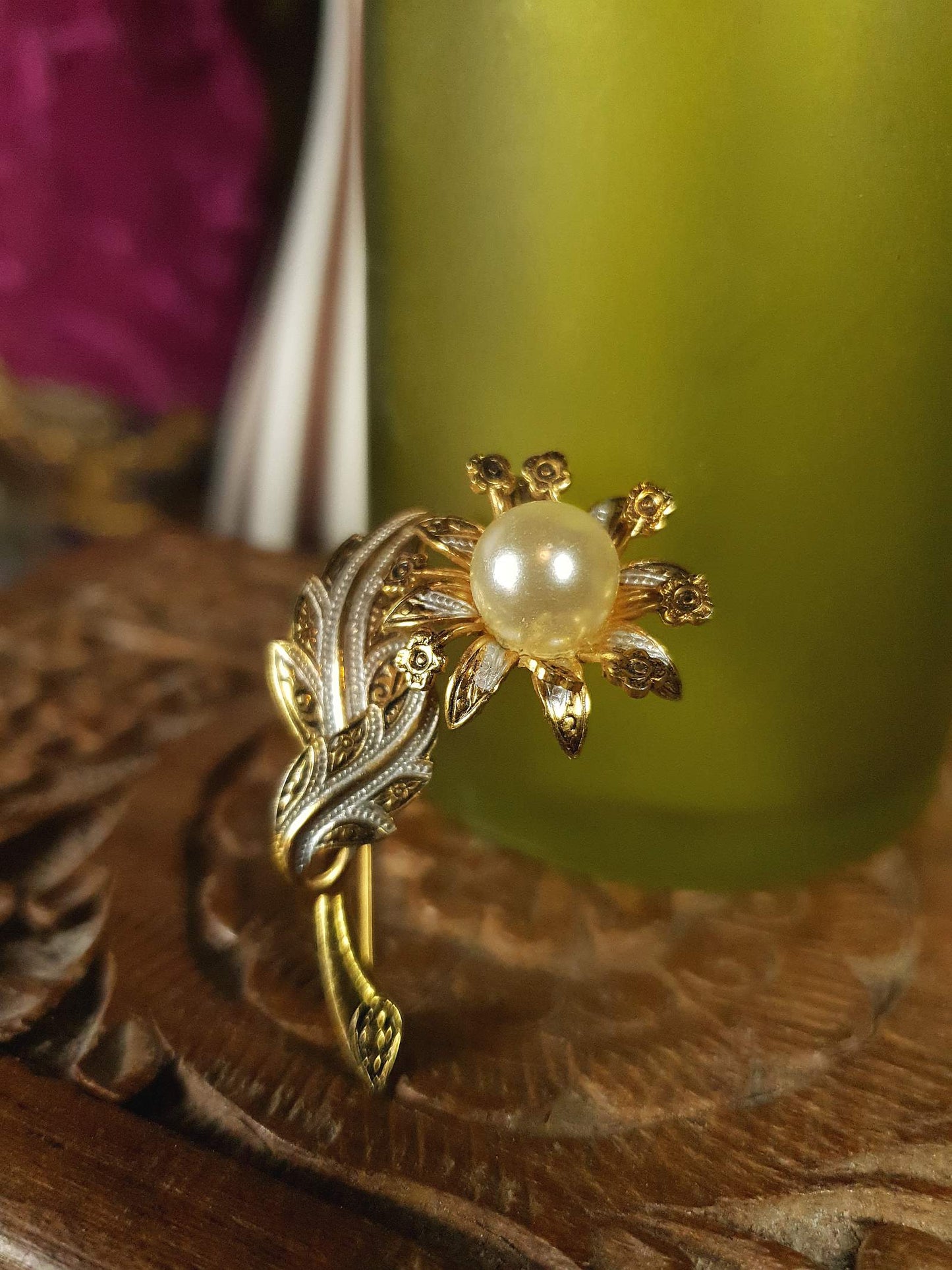 Vintage Damascene Brooch Flower Pearl Leaves Floral 1960s