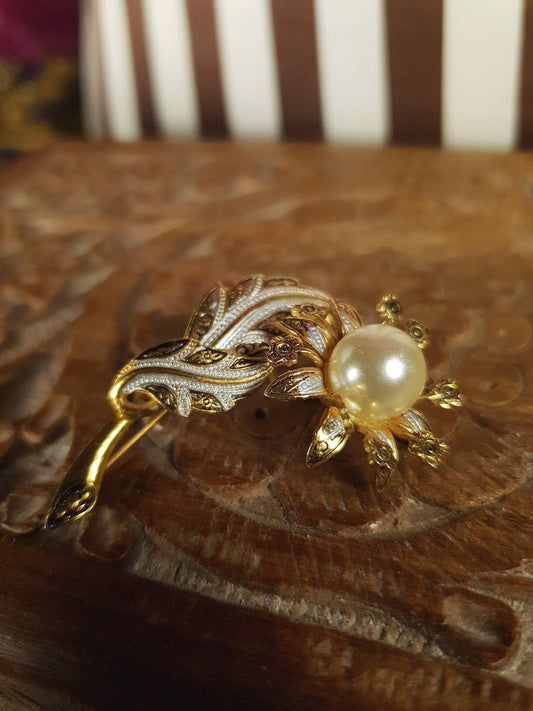 Vintage Damascene Brooch Flower Pearl Leaves Floral 1960s