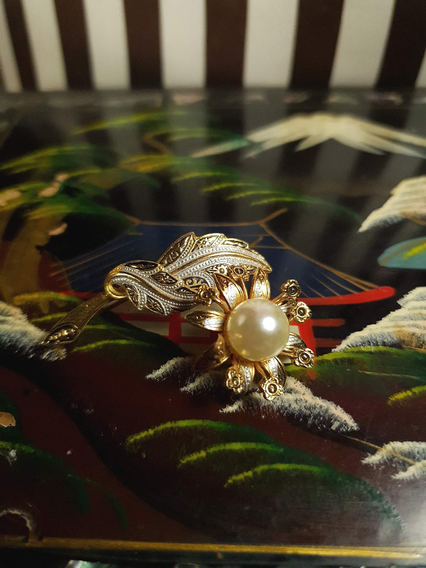 Vintage Damascene Brooch Flower Pearl Leaves Floral 1960s