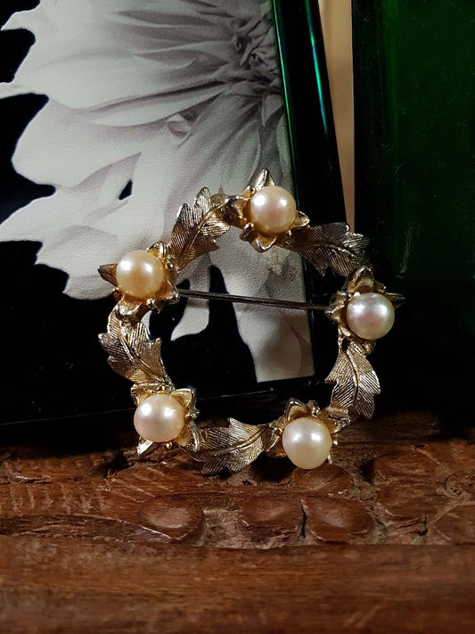 Vintage Faux Pearl Wreath Brooch Leaf Pin 1960s Gold Tone