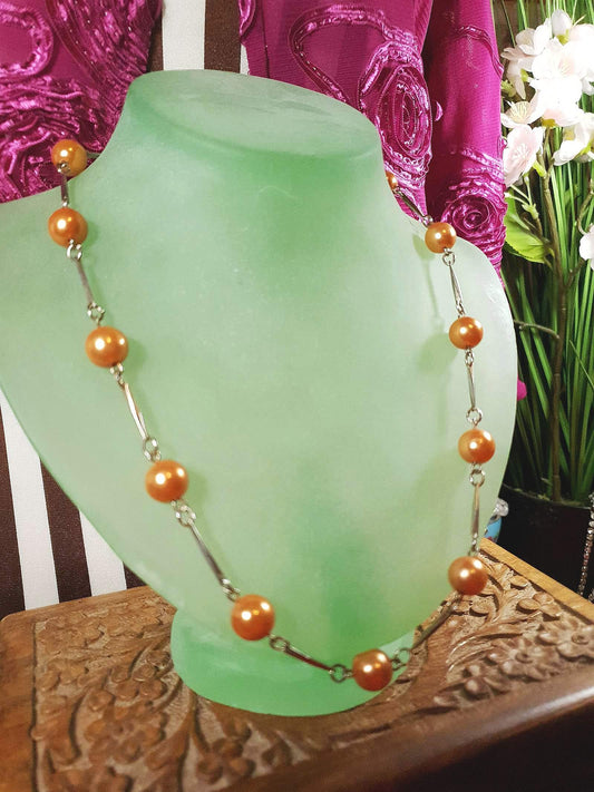 Vintage 1960s Glass Pearl Chain Necklace Bronze Pearls Retro