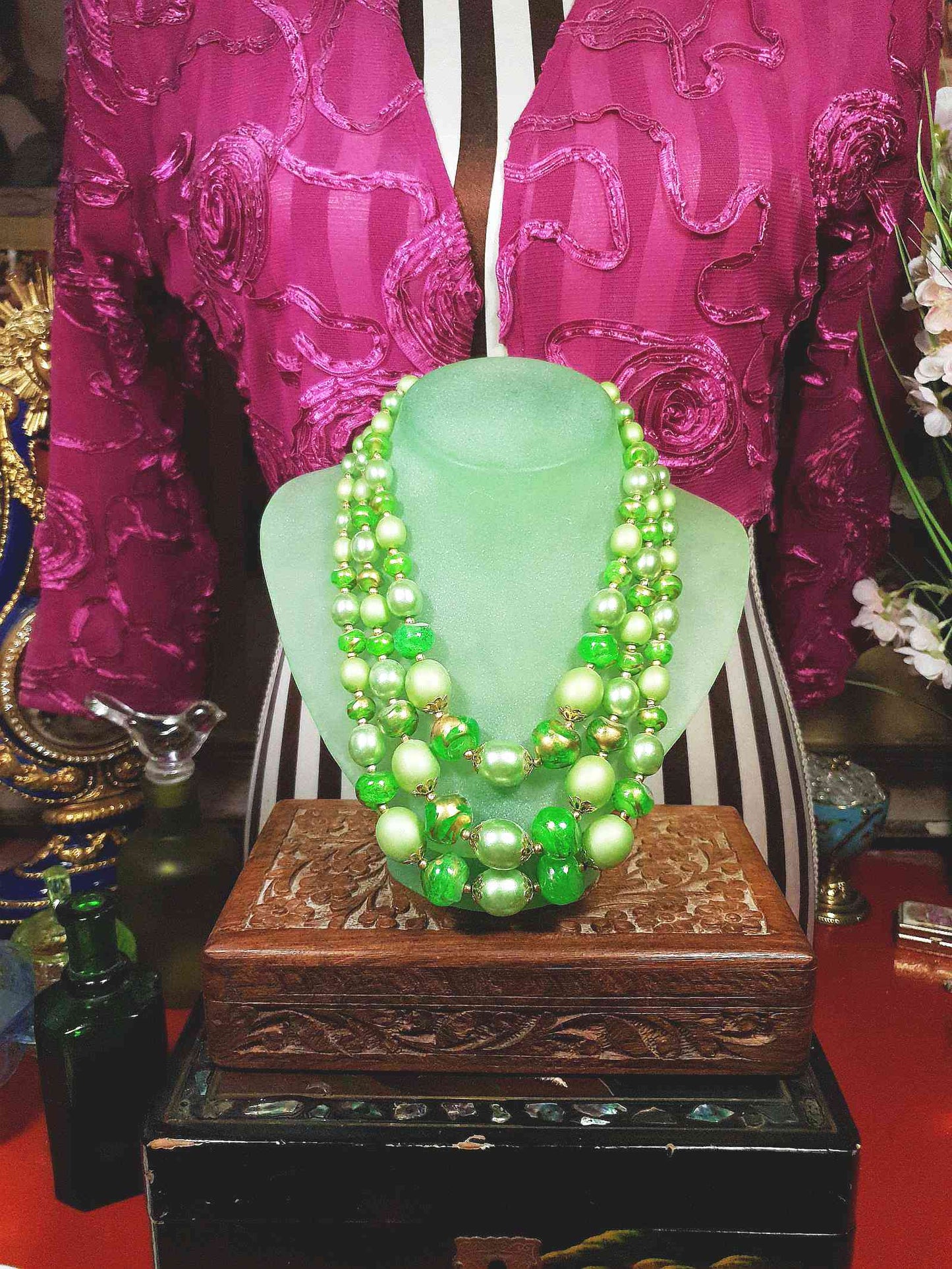 Vintage 1950s Green & Gold Necklace 19" Statement Three Tiers- Mid-Century