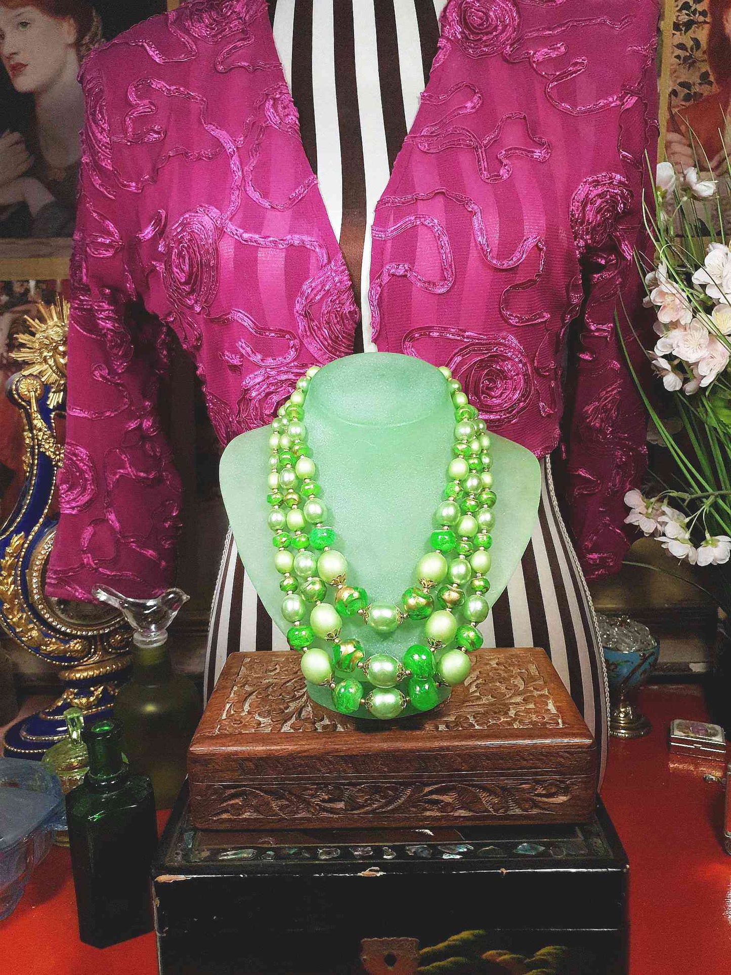 Vintage 1950s Green & Gold Necklace 19" Statement Three Tiers- Mid-Century