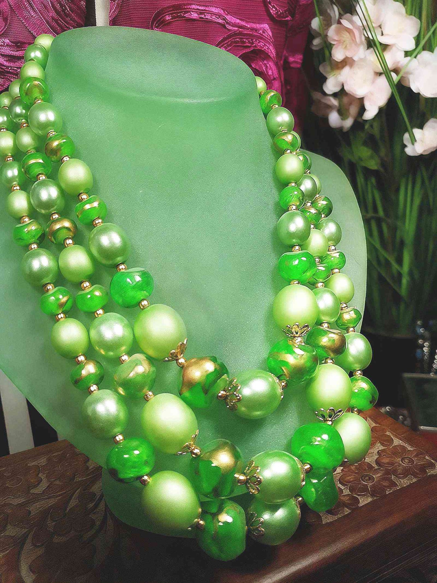 Vintage 1950s Green & Gold Necklace 19" Statement Three Tiers- Mid-Century
