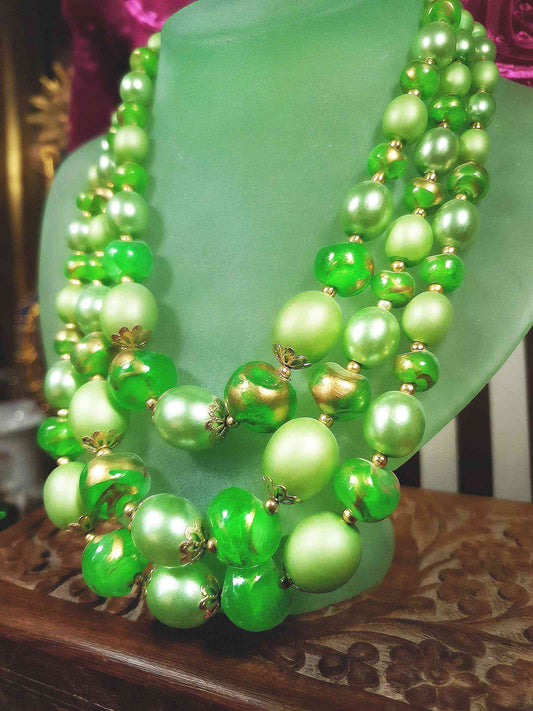 Vintage 1950s Green & Gold Necklace 19" Statement Three Tiers- Mid-Century