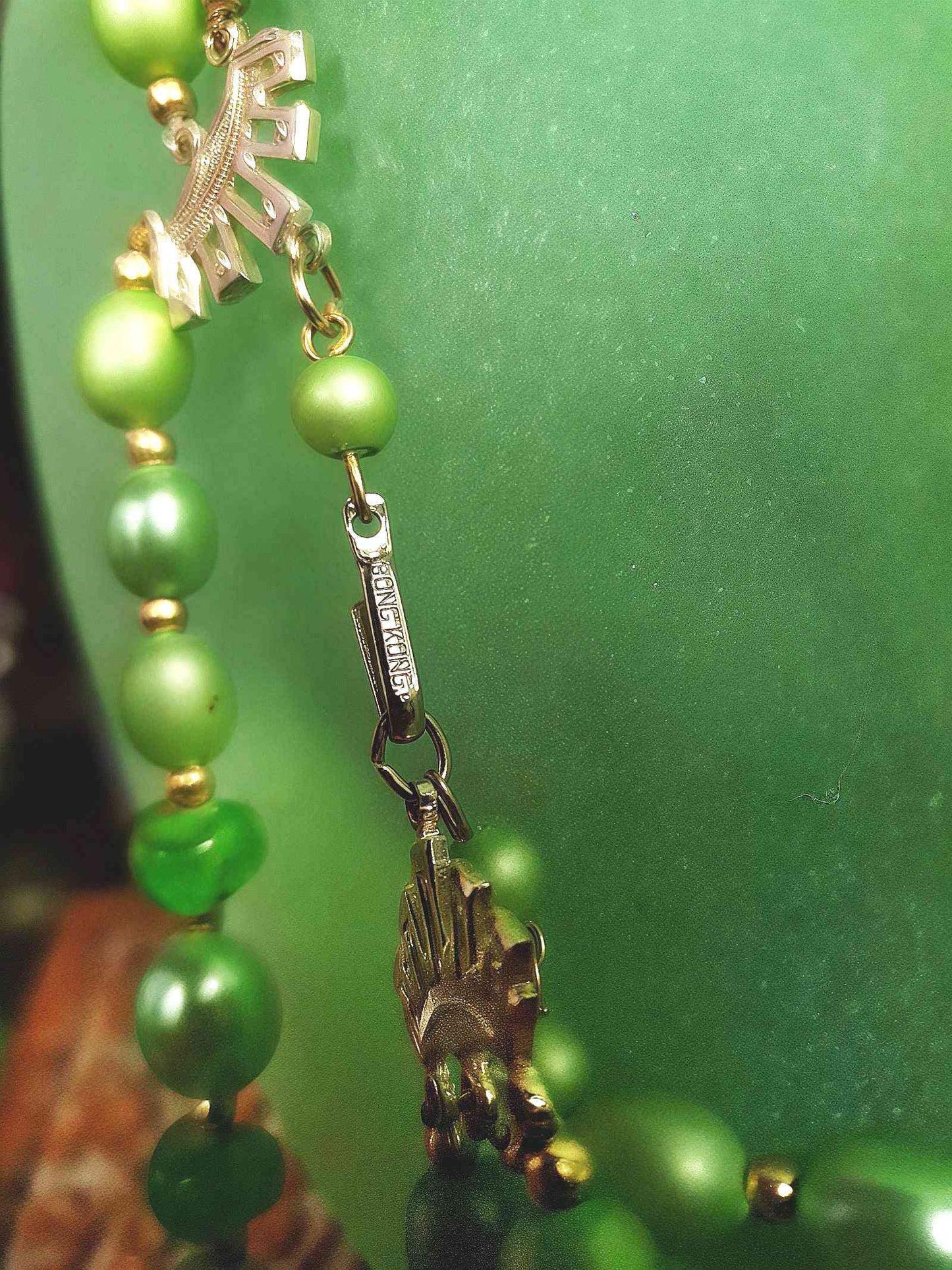 Vintage 1950s Green & Gold Necklace 19" Statement Three Tiers- Mid-Century