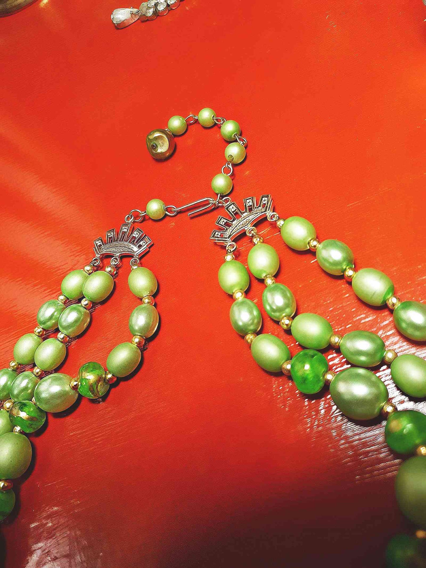 Vintage 1950s Green & Gold Necklace 19" Statement Three Tiers- Mid-Century