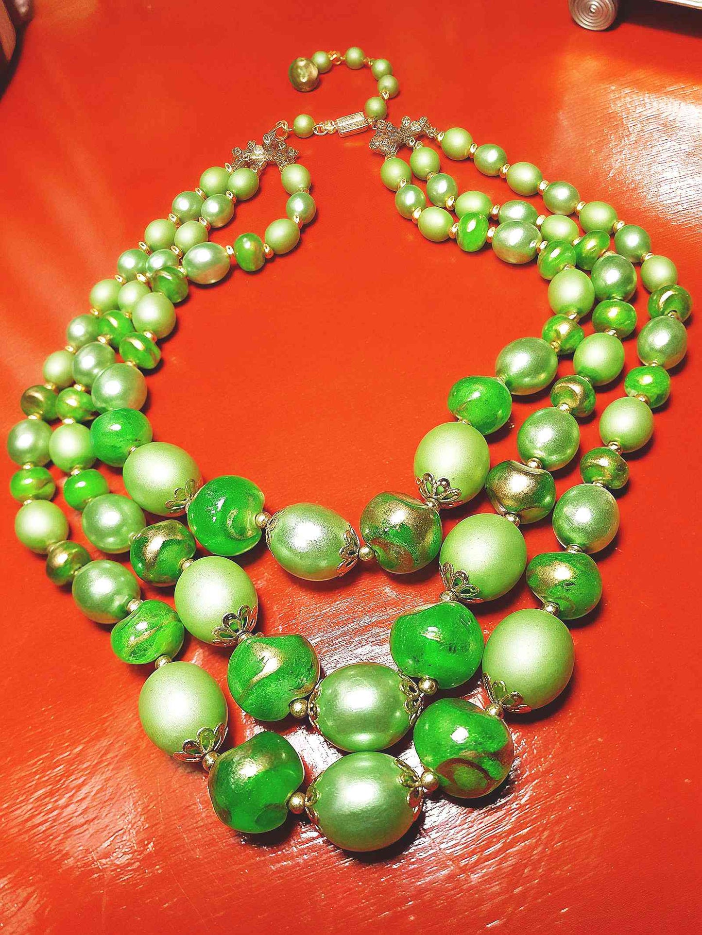 Vintage 1950s Green & Gold Necklace 19" Statement Three Tiers- Mid-Century