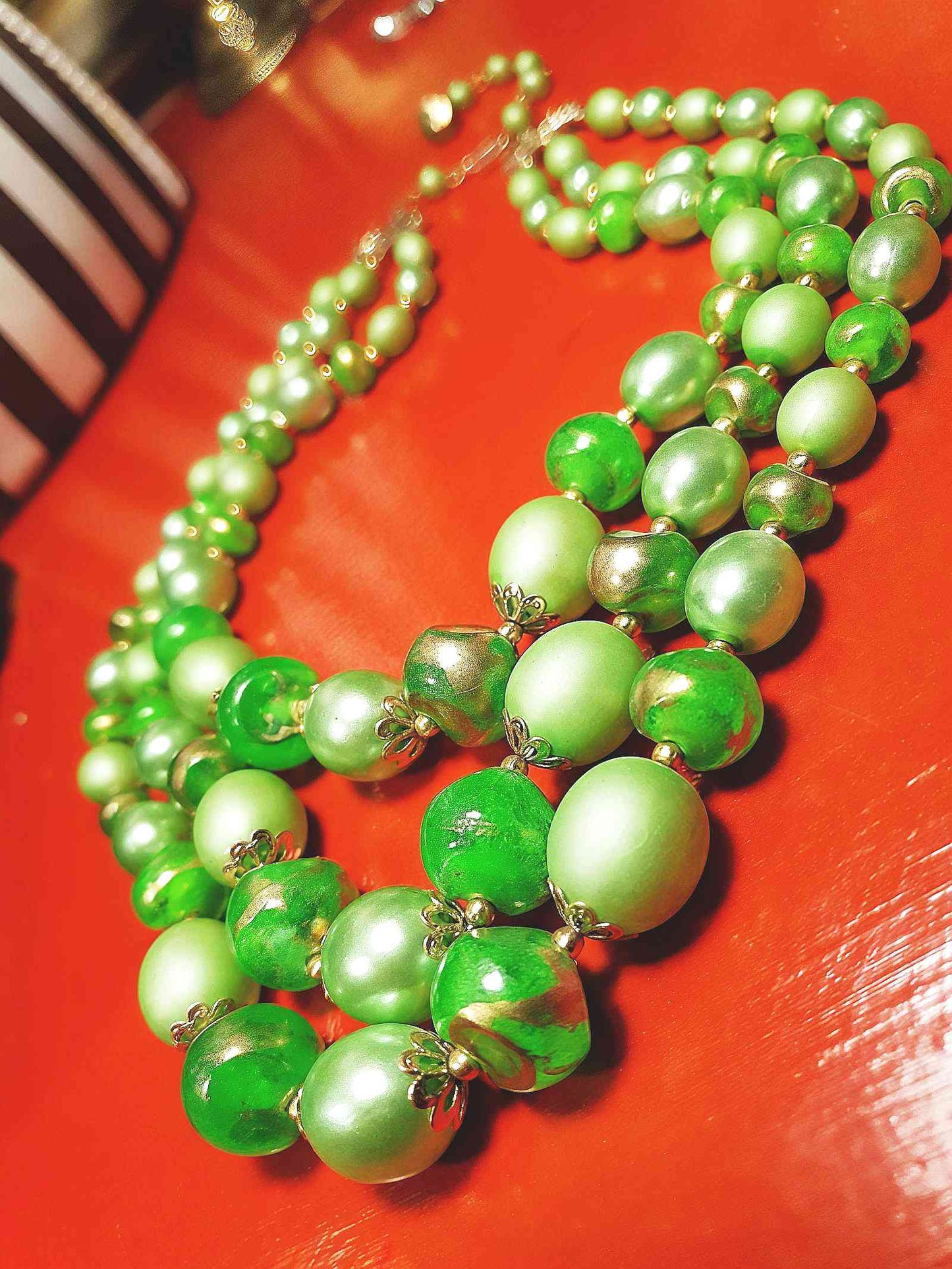 Vintage 1950s Green & Gold Necklace 19" Statement Three Tiers- Mid-Century