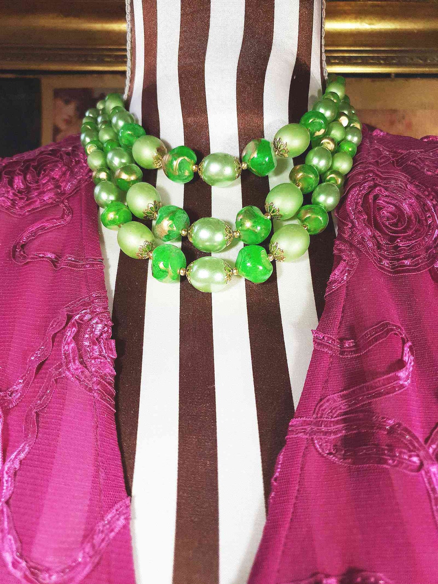 Vintage 1950s Green & Gold Necklace 19" Statement Three Tiers- Mid-Century