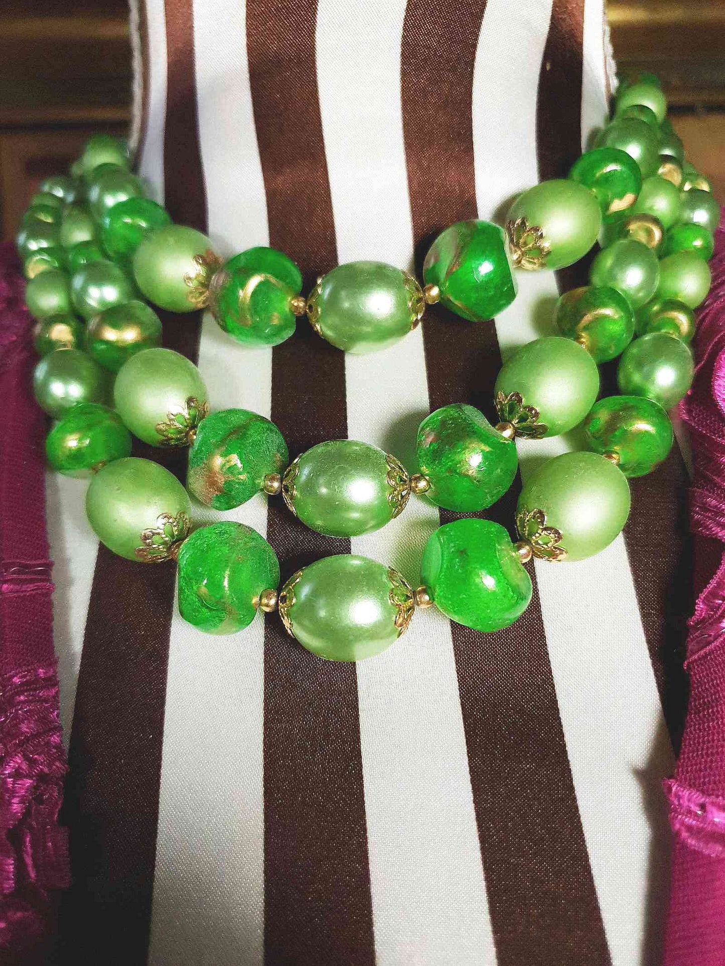 Vintage 1950s Green & Gold Necklace 19" Statement Three Tiers- Mid-Century