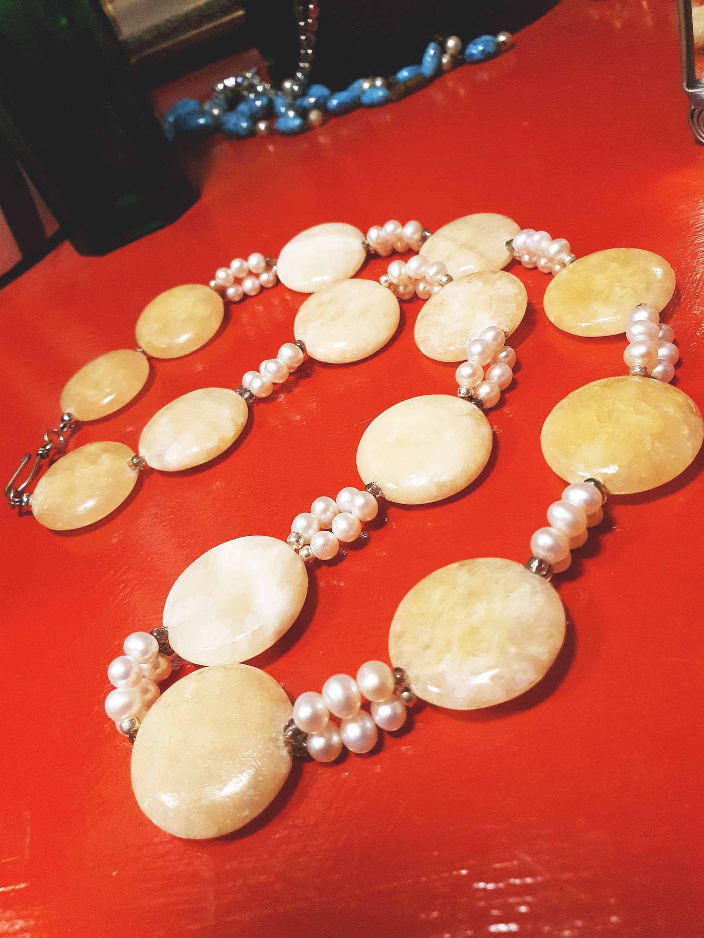 Vintage 1960s Honey Jasper Necklace 23" Gemstone Faux Pearl