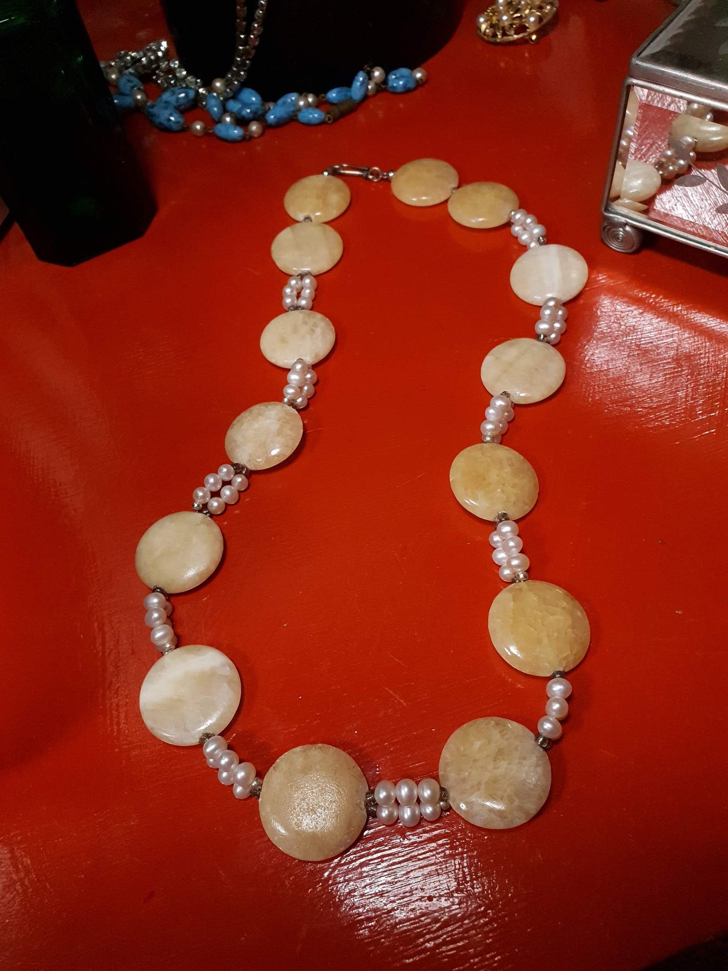 Vintage 1960s Honey Jasper Necklace 23" Gemstone Faux Pearl