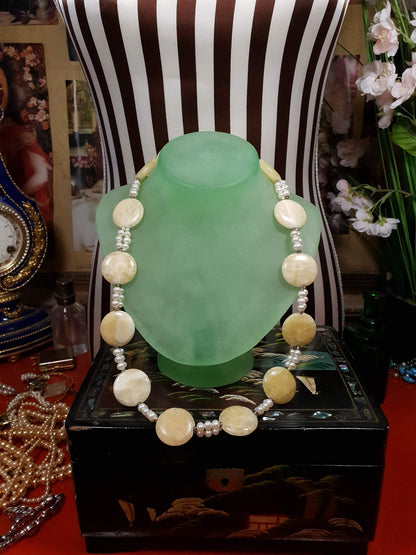Vintage 1960s Honey Jasper Necklace 23" Gemstone Faux Pearl