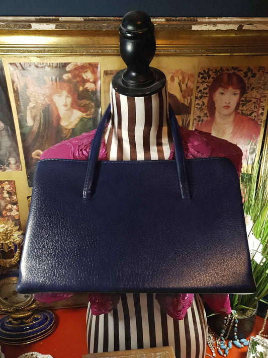 Vintage 1960s Navy Blue Handbag Tote Large Bag Retro