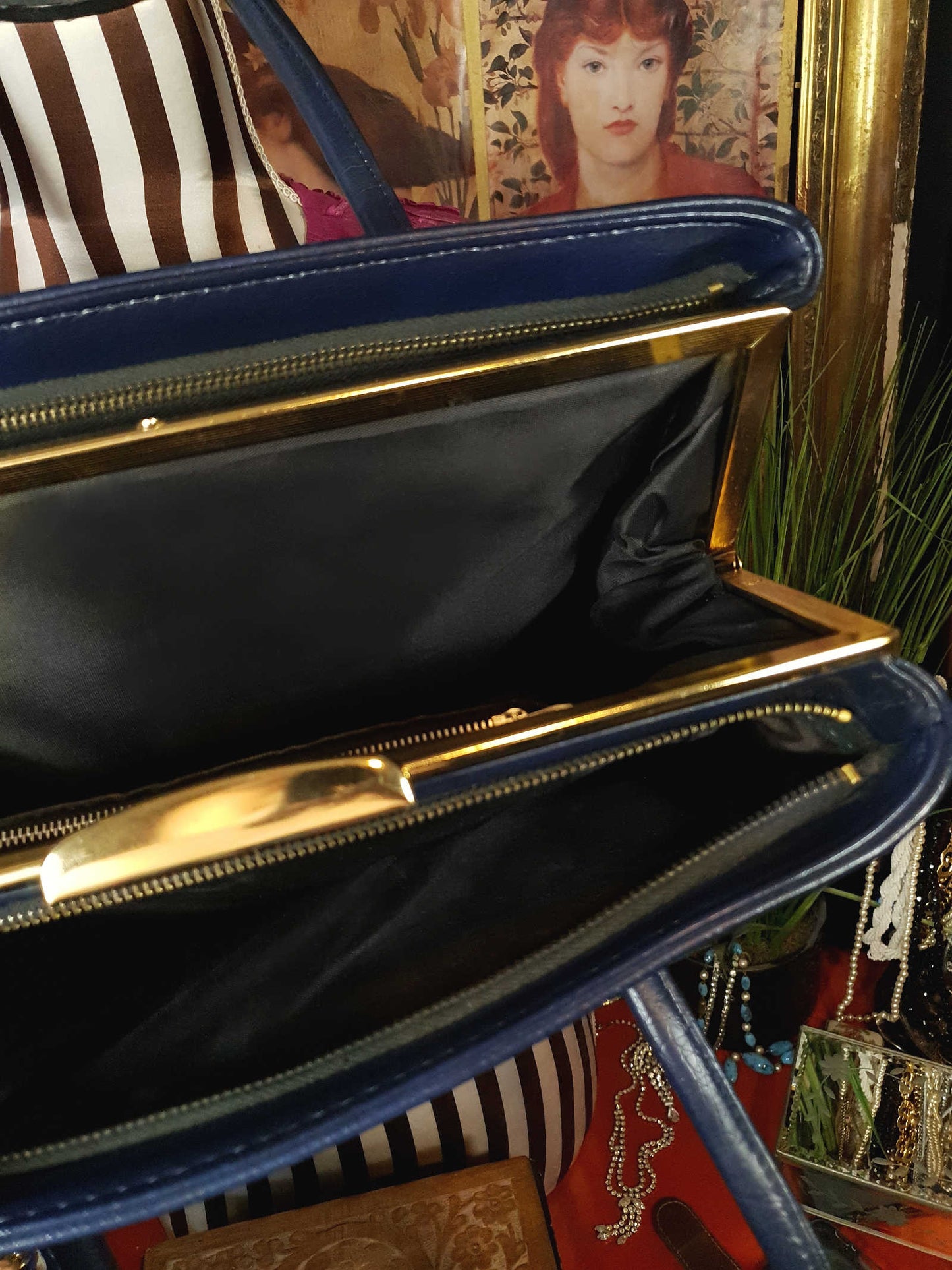 Vintage 1960s Navy Blue Handbag Tote Large