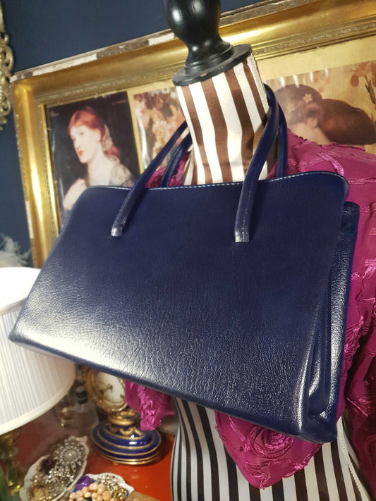 Vintage 1960s Navy Blue Handbag Tote Large Bag Retro