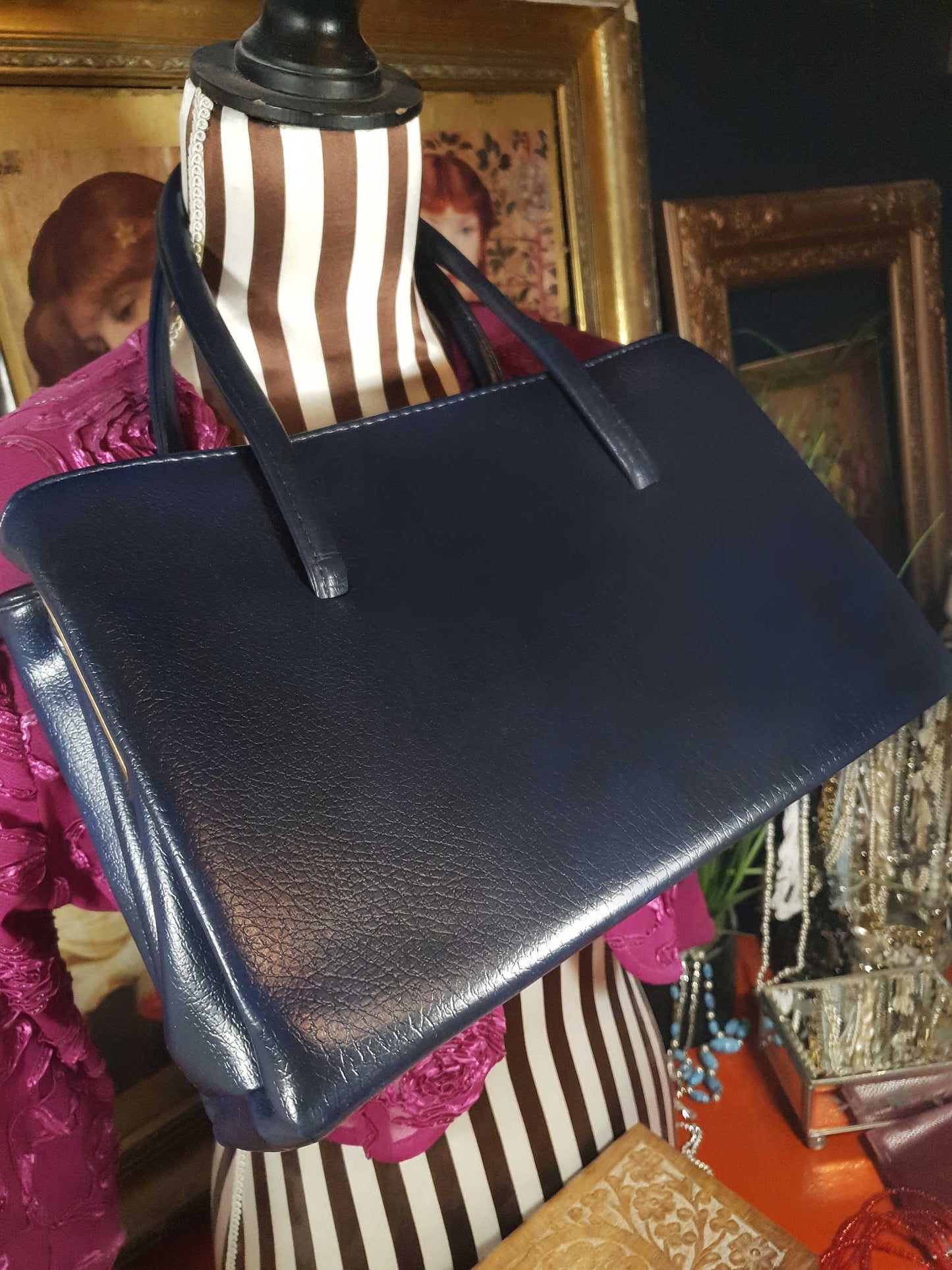 Vintage 1960s Navy Blue Handbag Tote Large
