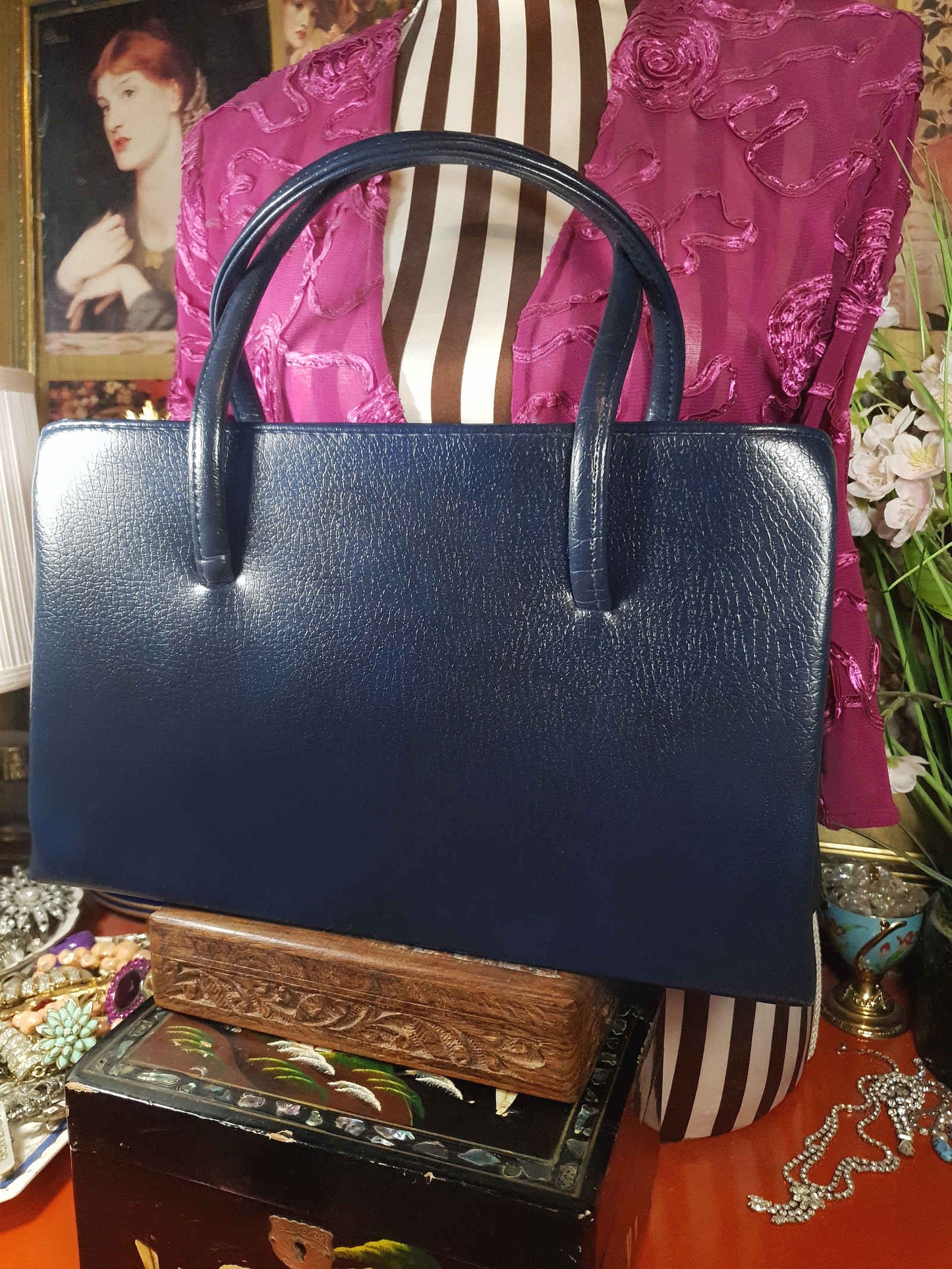Vintage 1960s Navy Blue Handbag Tote Large