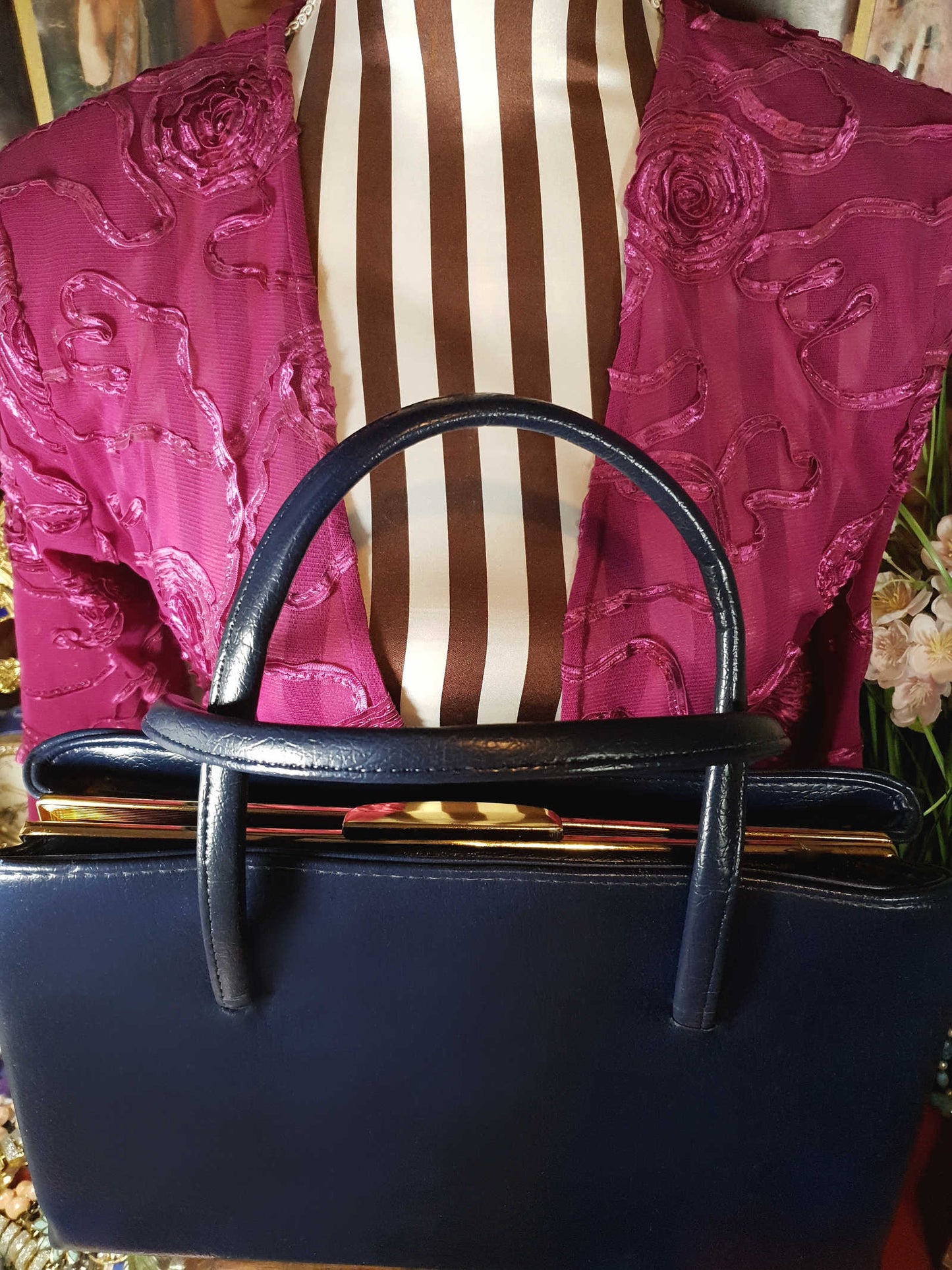 Vintage 1960s Navy Blue Handbag Tote Large