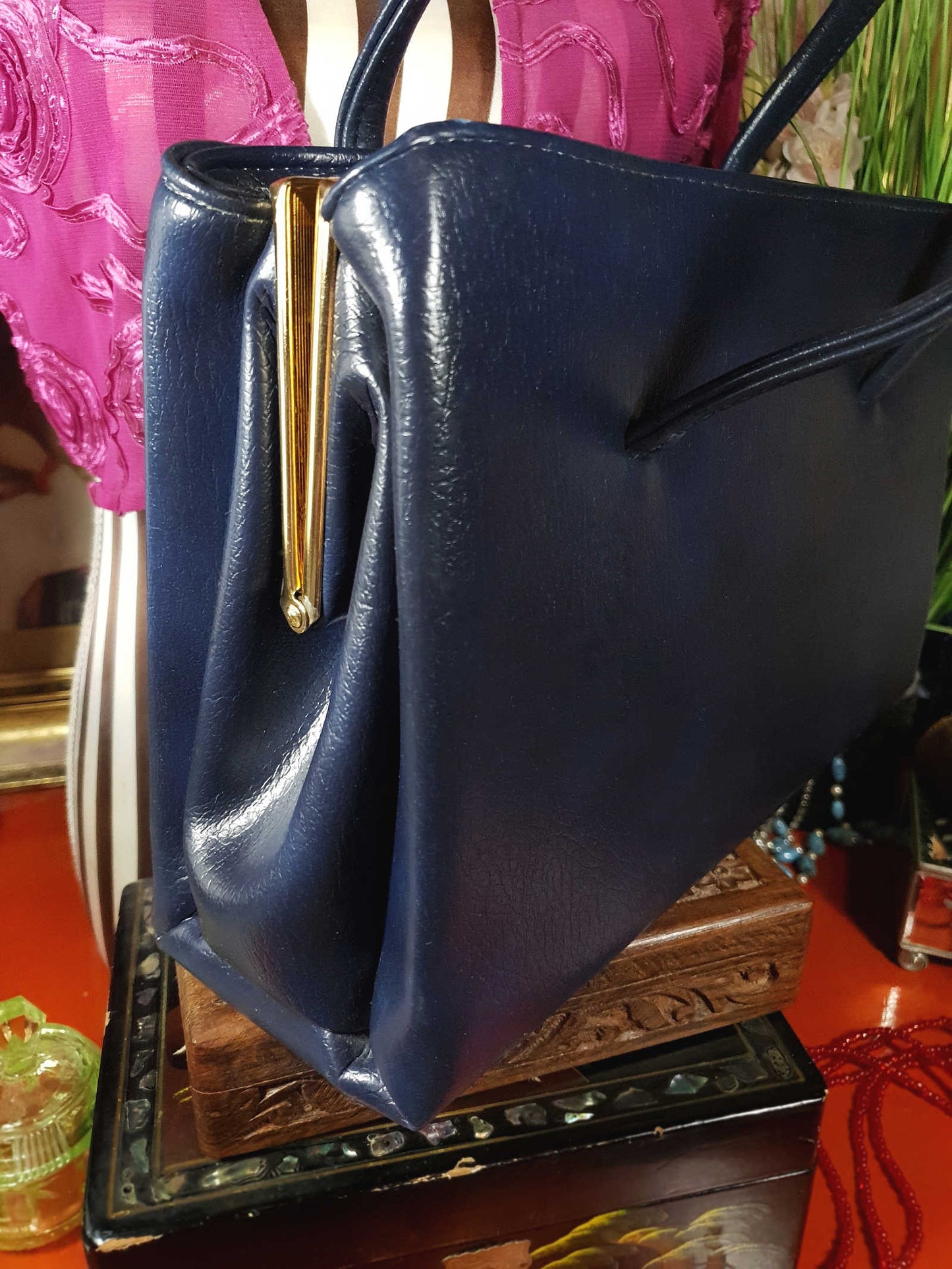 Vintage 1960s Navy Blue Handbag Tote Large