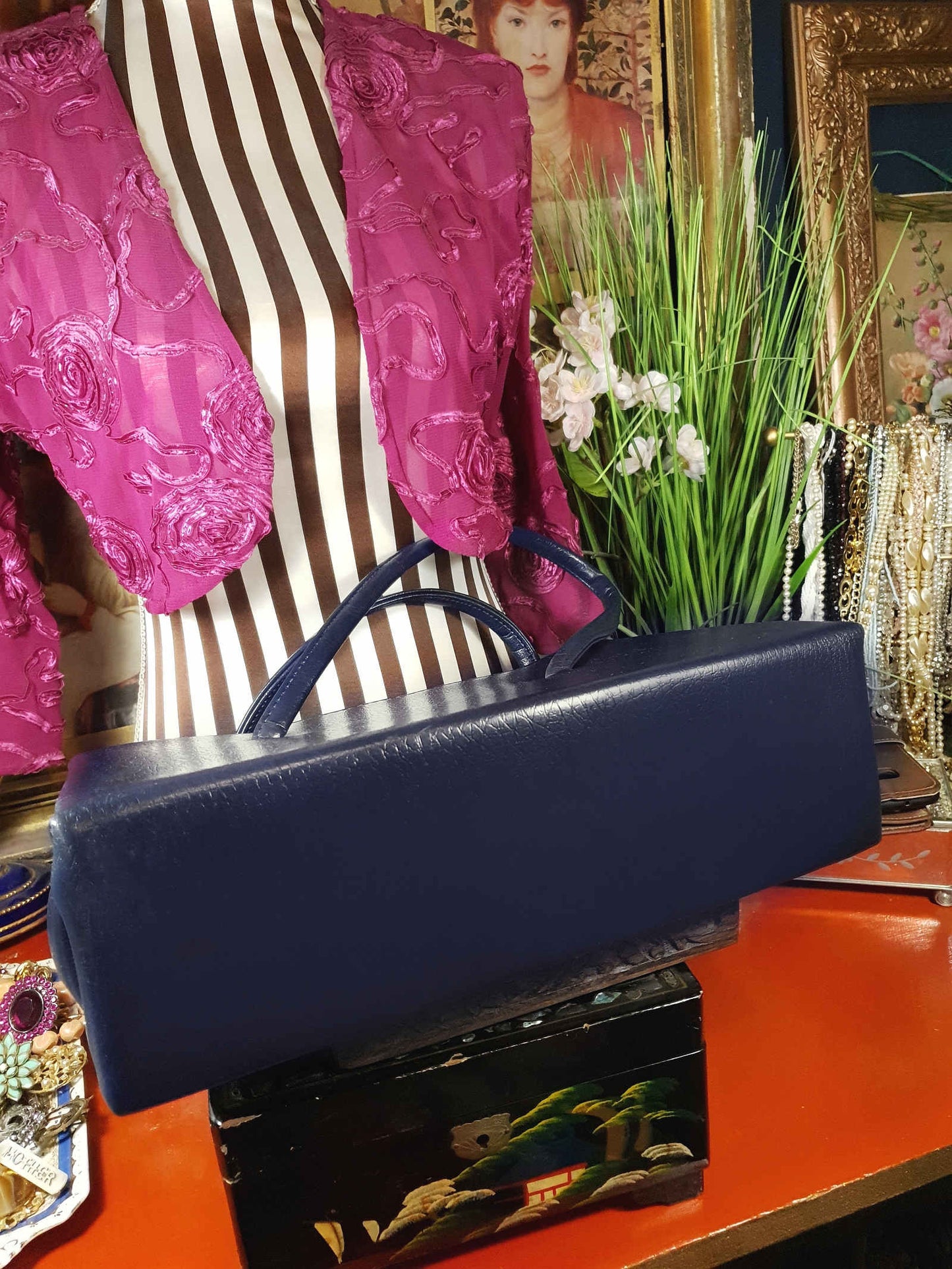 Vintage 1960s Navy Blue Handbag Tote Large