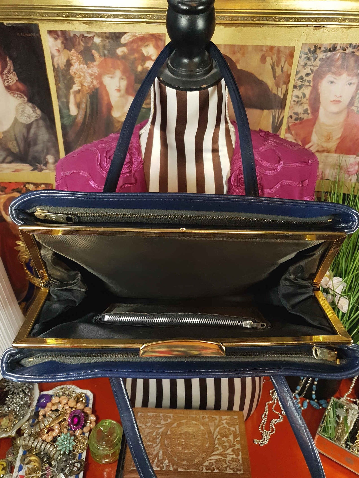 Vintage 1960s Navy Blue Handbag Tote Large